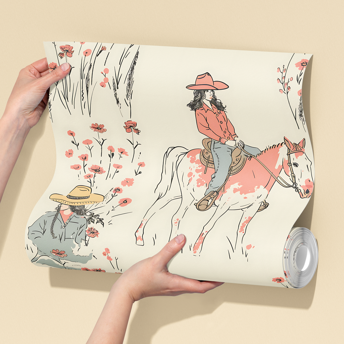 Hands holding a cowgirl western wallpaper sample with illustrated horse rider, cowboy hat, coral florals and soft cream background.