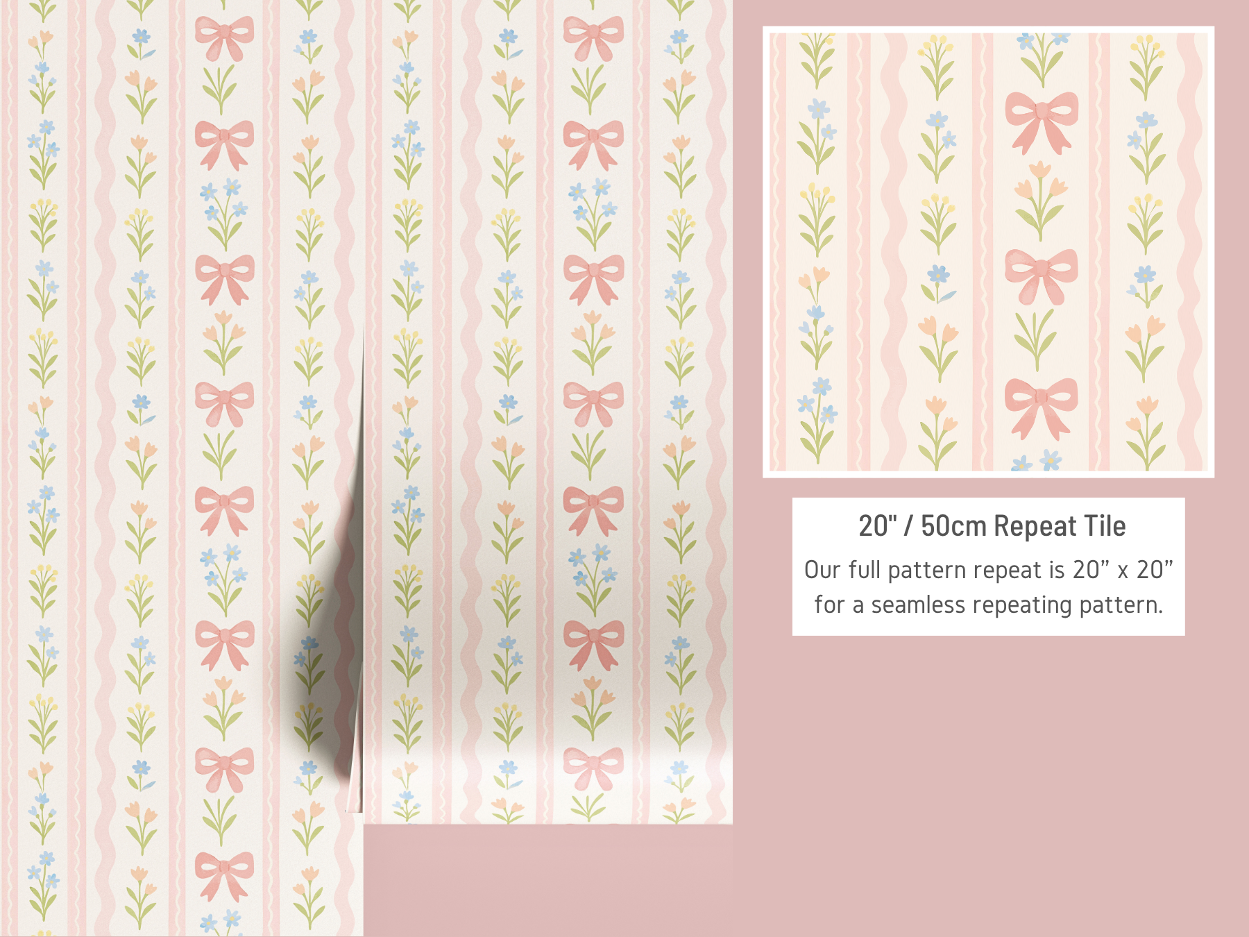 “Wallpaper sizing guide showing how to measure wall width and height and calculate the number of 20 inch wide panels needed.”