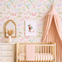 Butterfly wallpaper in blush pink nursery with crib and canopy, elegant pastel baby girl room decor, floral butterfly wall design