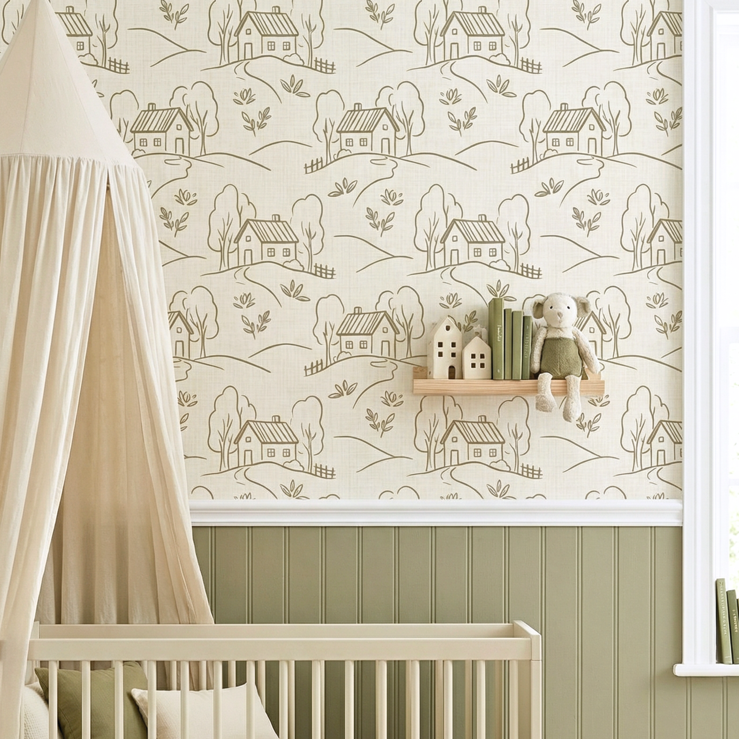 Children's room with crib, decorative shelf, and patterned wallpaper featuring houses and trees.