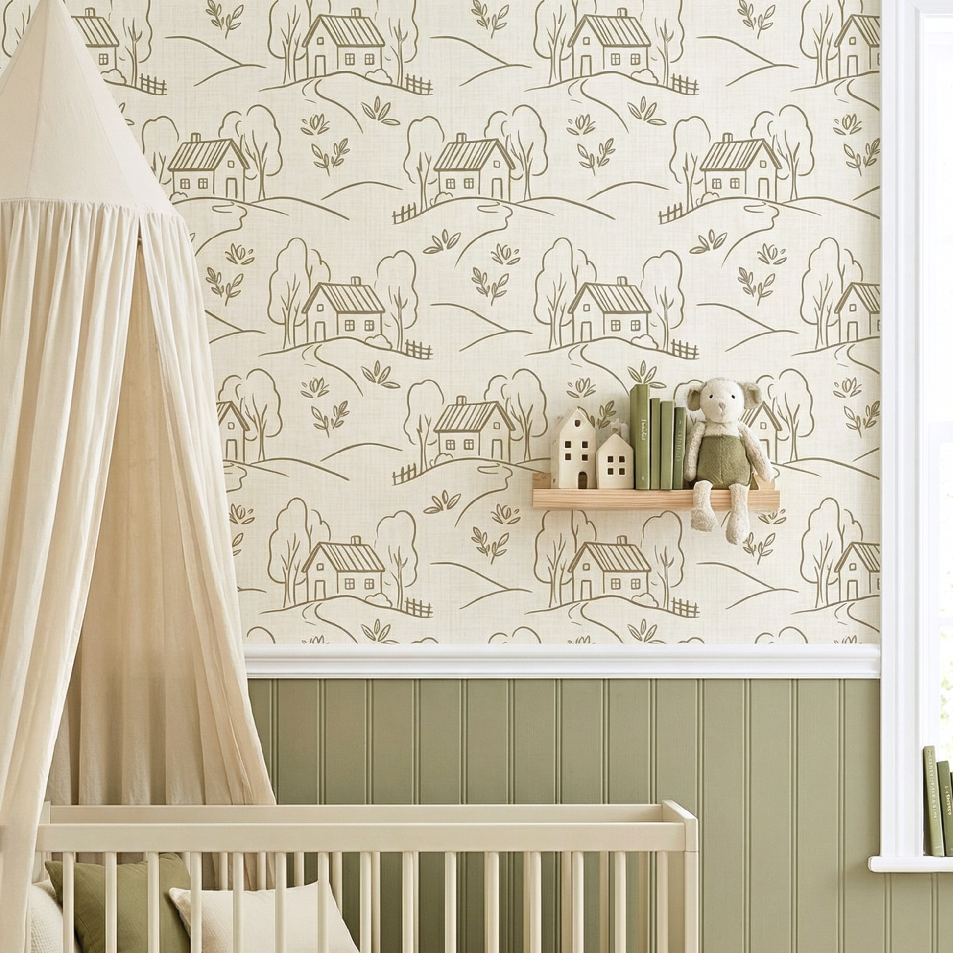 Children's room with crib, decorative shelf, and patterned wallpaper featuring houses and trees.