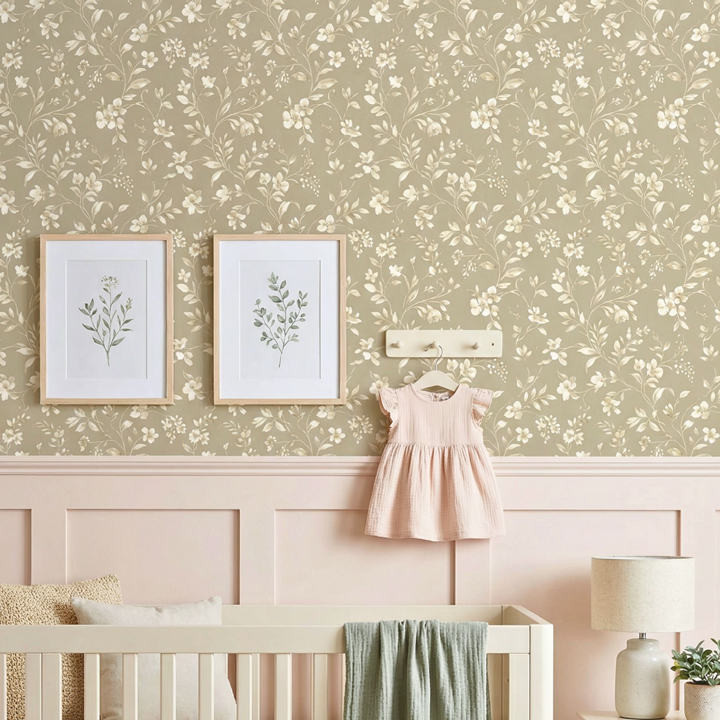 Neutral floral nursery wallpaper covering a full wall in a baby room, featuring sage green botanical flowers and timeless cottage style design.