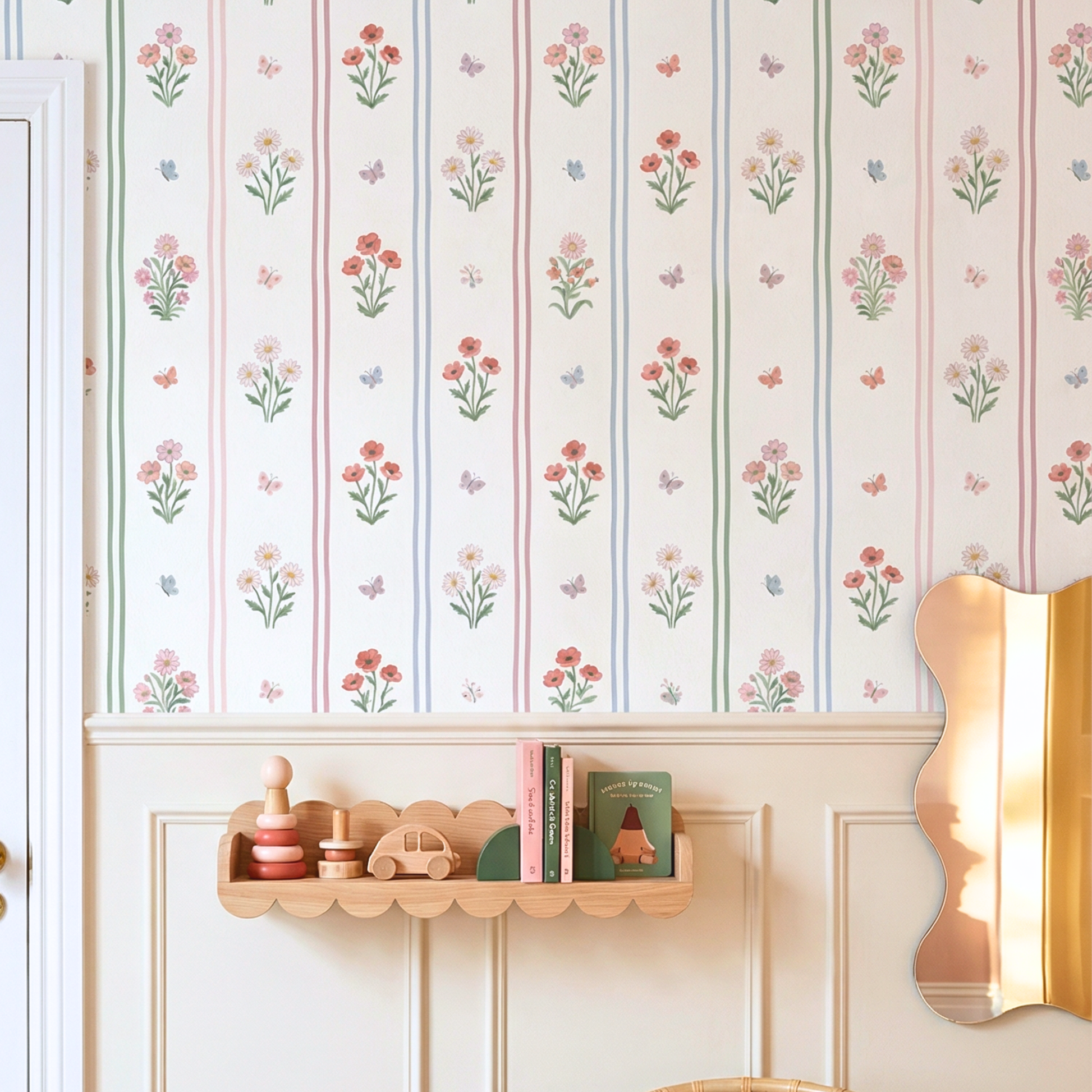 Girls bedroom wall with vintage floral stripe wallpaper wooden toy shelf mirror and pastel nursery decor.