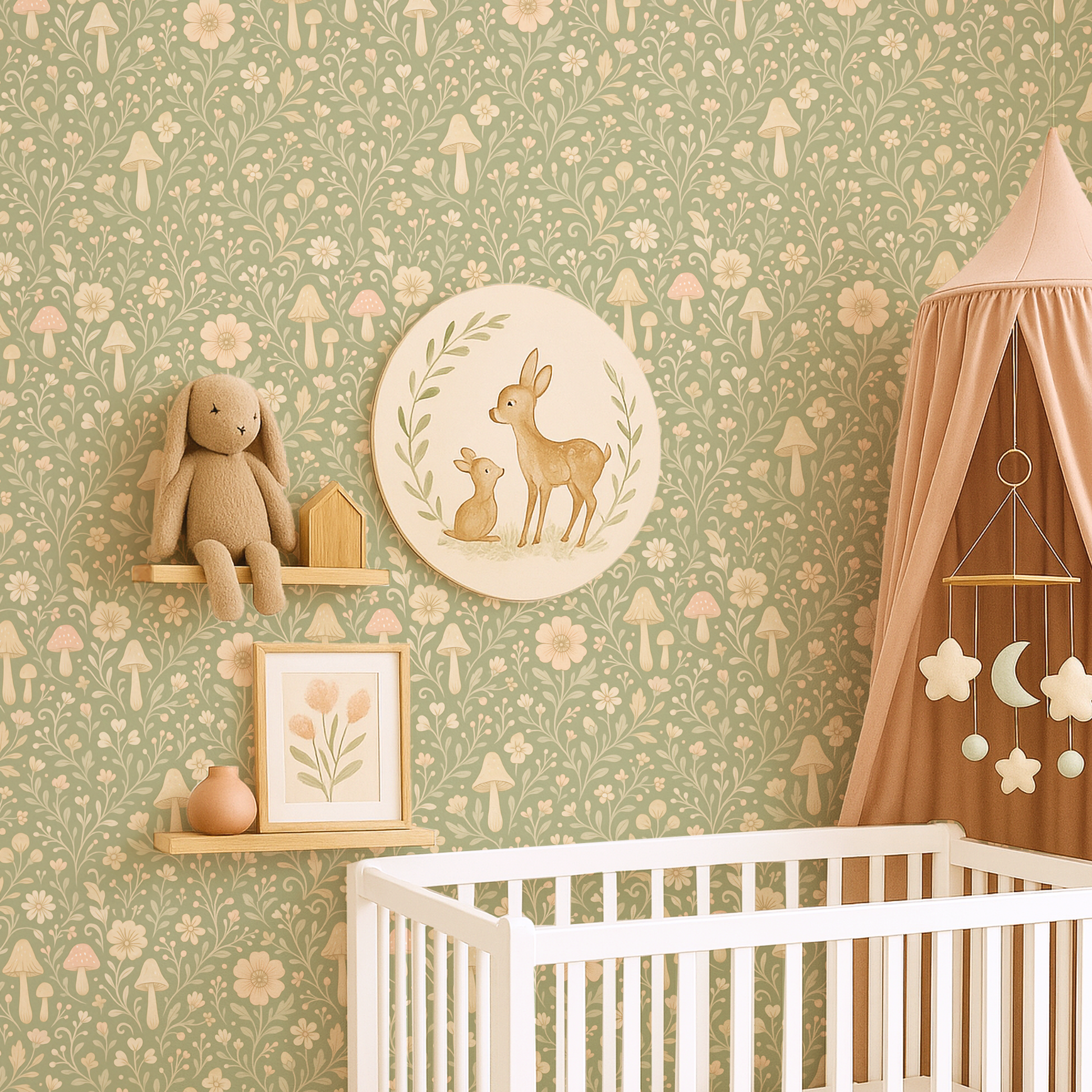 Woodland mushroom wallpaper behind baby crib with deer wall art and soft neutral