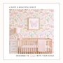 Pink butterfly floral wallpaper in baby girl nursery with crib and wall art, pastel butterfly nursery decor, soft feminine kids room design