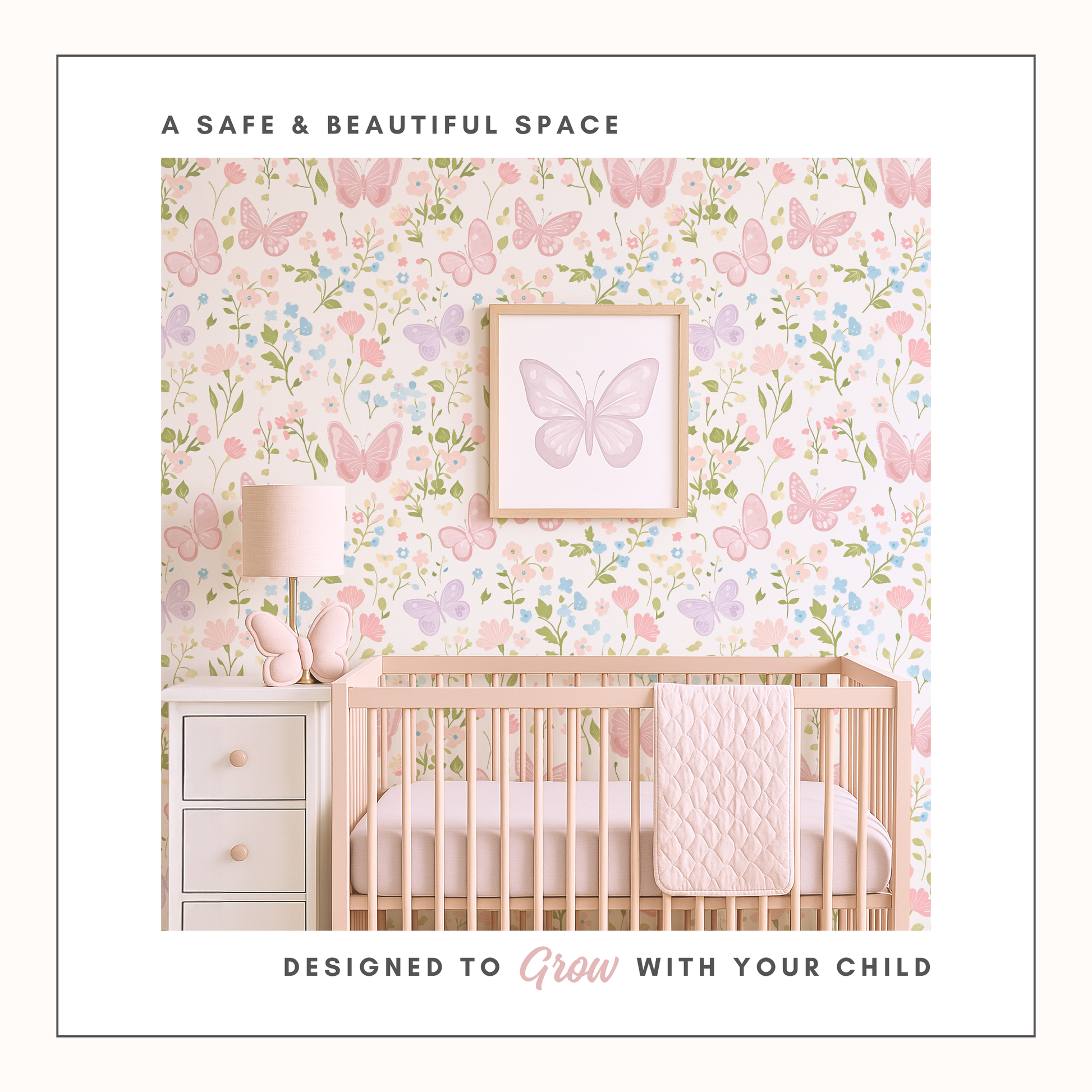 Pink butterfly floral wallpaper in baby girl nursery with crib and wall art, pastel butterfly nursery decor, soft feminine kids room design