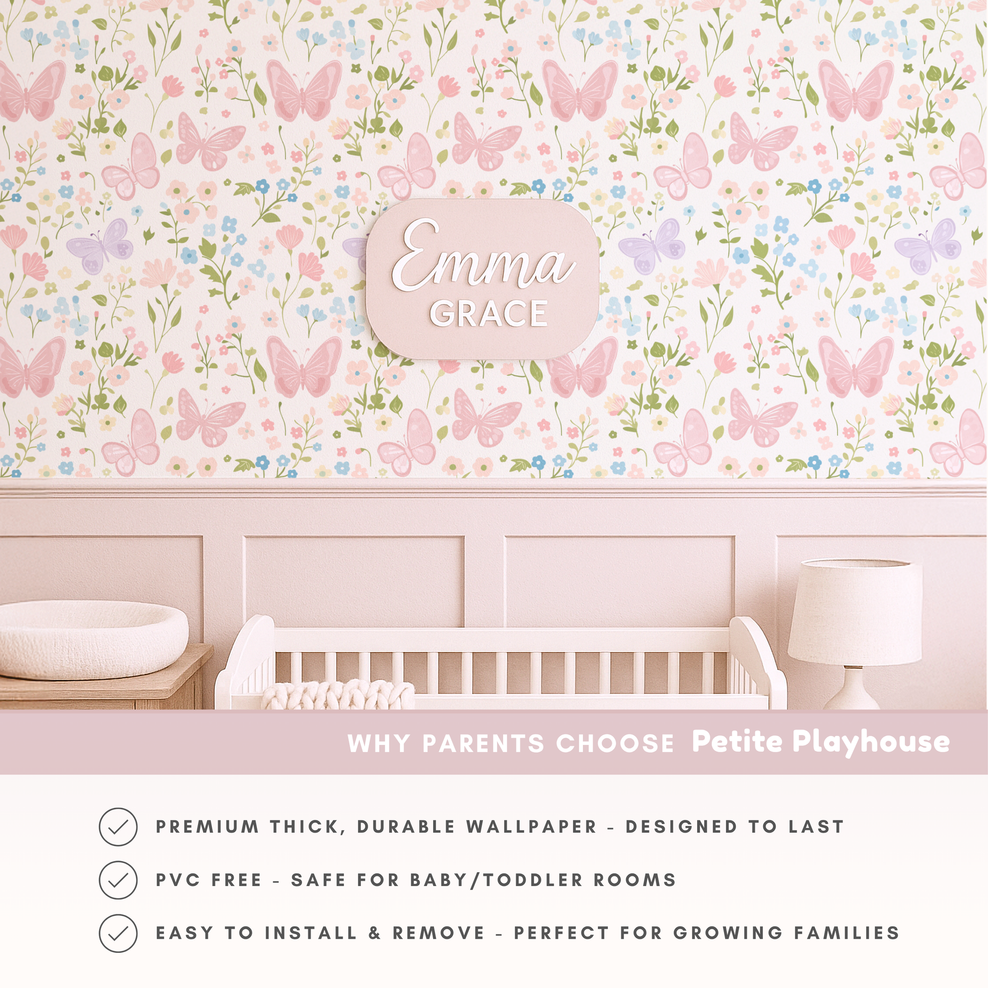 Custom baby name sign Emma Grace on butterfly floral wallpaper, pastel nursery decor with crib, personalized girls room design