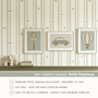 “Close-up of the striped wallpaper pattern with framed nursery artwork showing a car, hot air balloon, and tennis racket illustrations.”