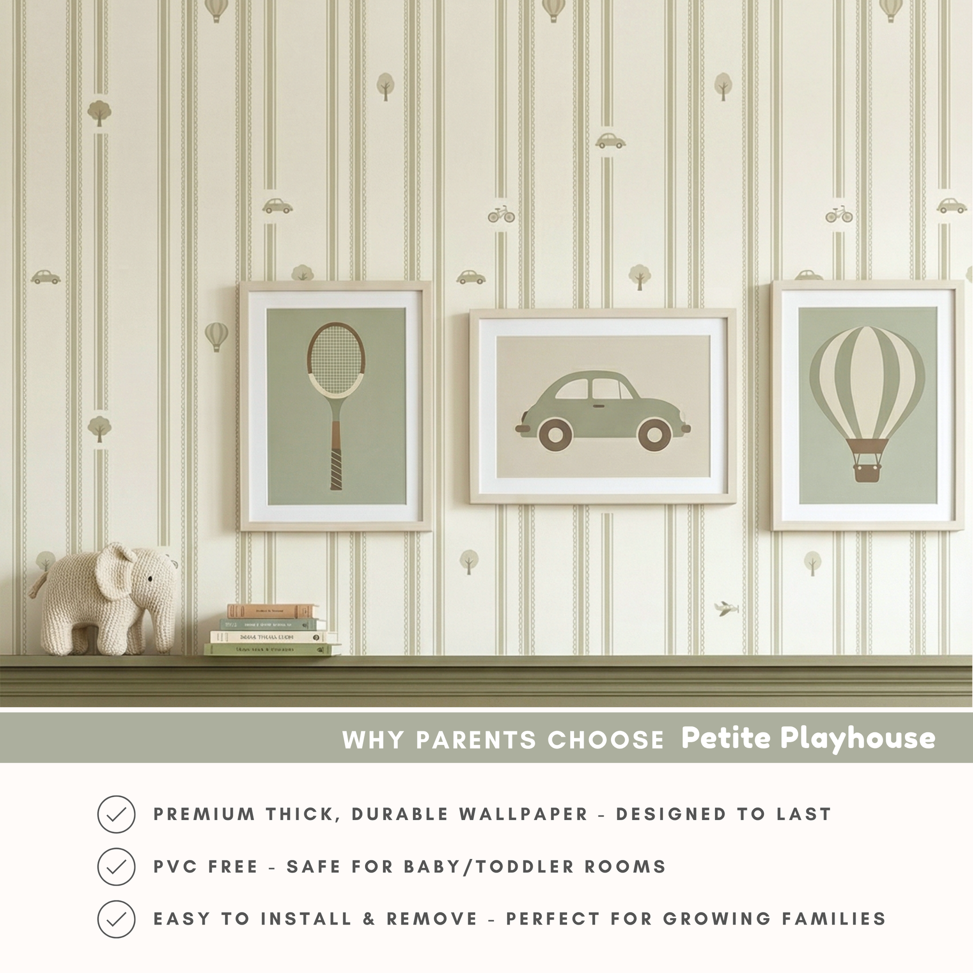 “Close-up of the striped wallpaper pattern with framed nursery artwork showing a car, hot air balloon, and tennis racket illustrations.”