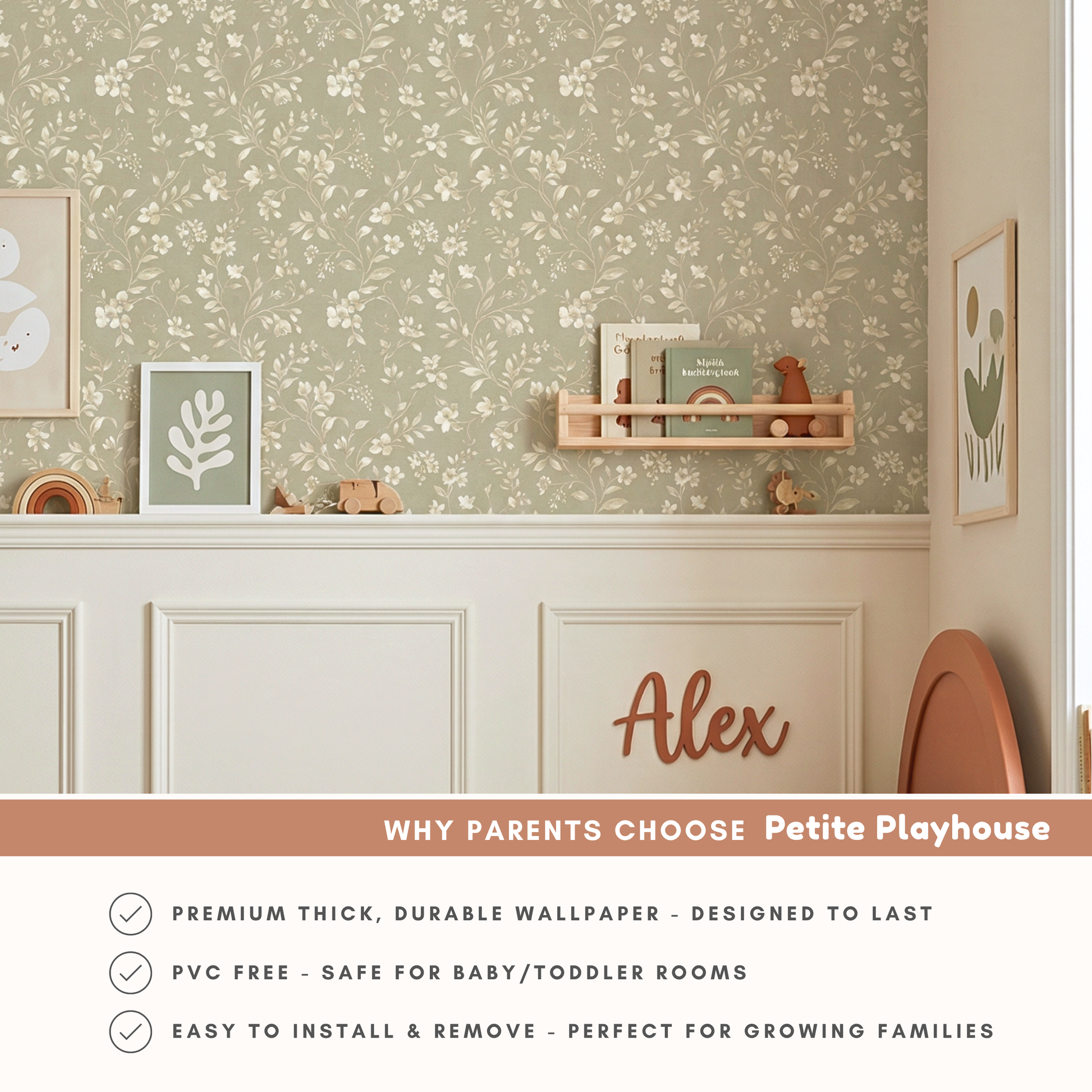 Children's room with floral wallpaper, shelves, and decorative items.