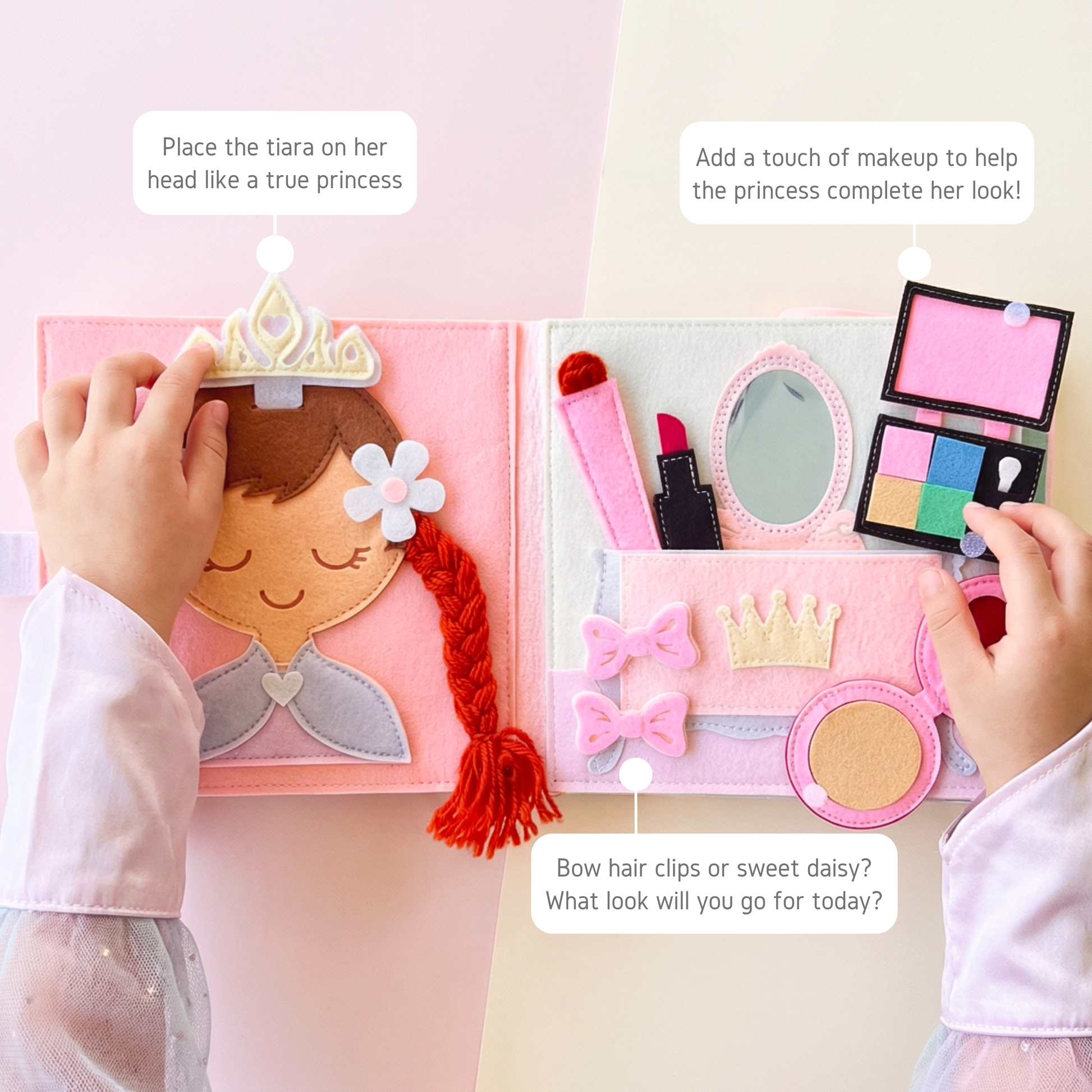 “Interactive princess felt quiet book page with removable tiara, braid hair, makeup accessories and mirror, designed to support imaginative role play and fine motor skills for toddlers.”