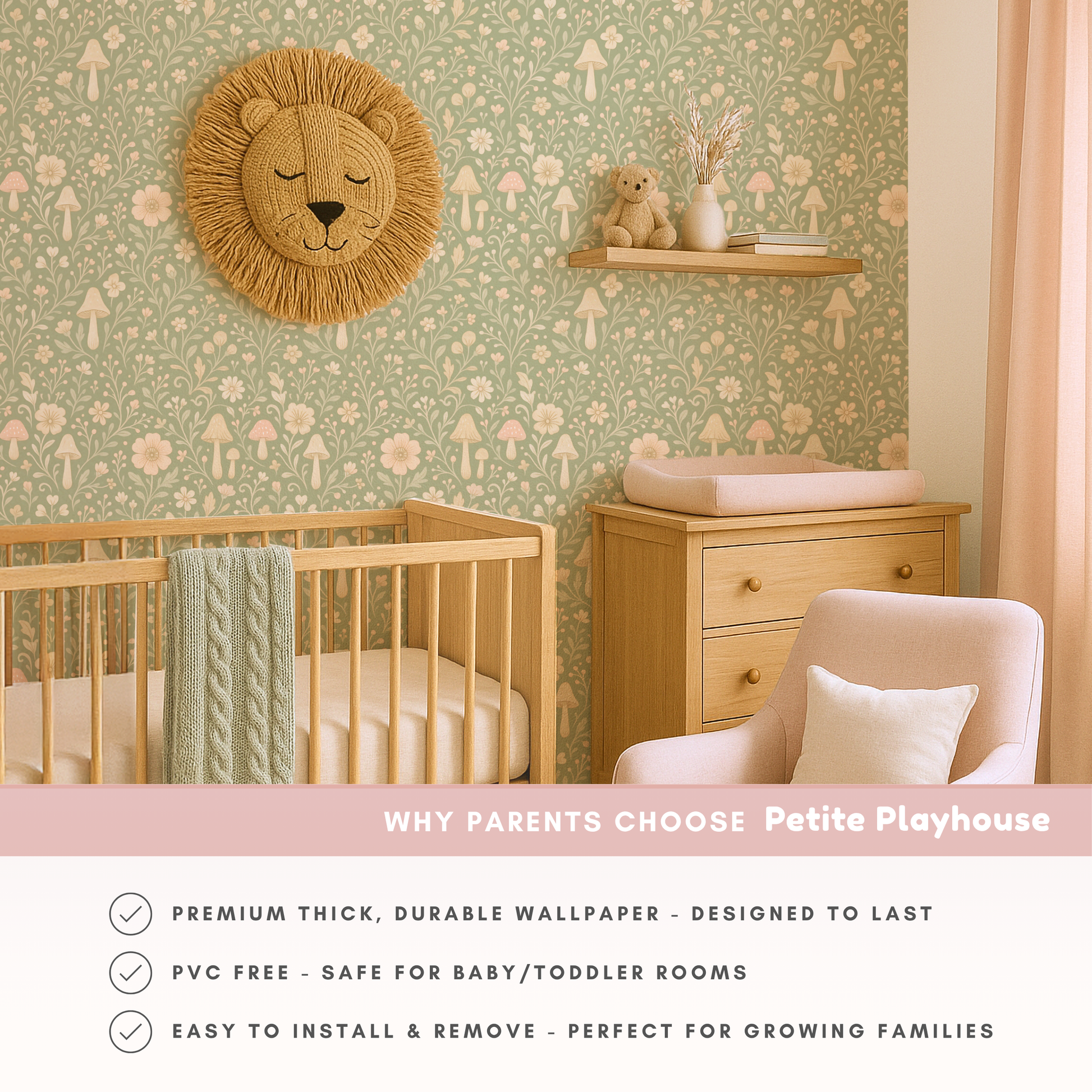 Sage green woodland wallpaper in nursery with lion wall decor, crib and natural wood furniture baby room