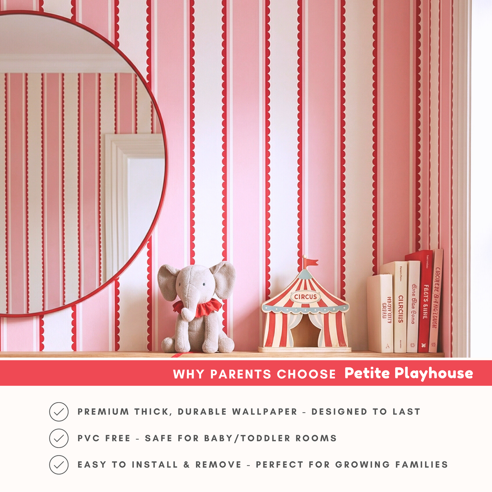 Pink red stripe wallpaper behind nursery shelf styling with toys and mirror, playful kids room wall decor