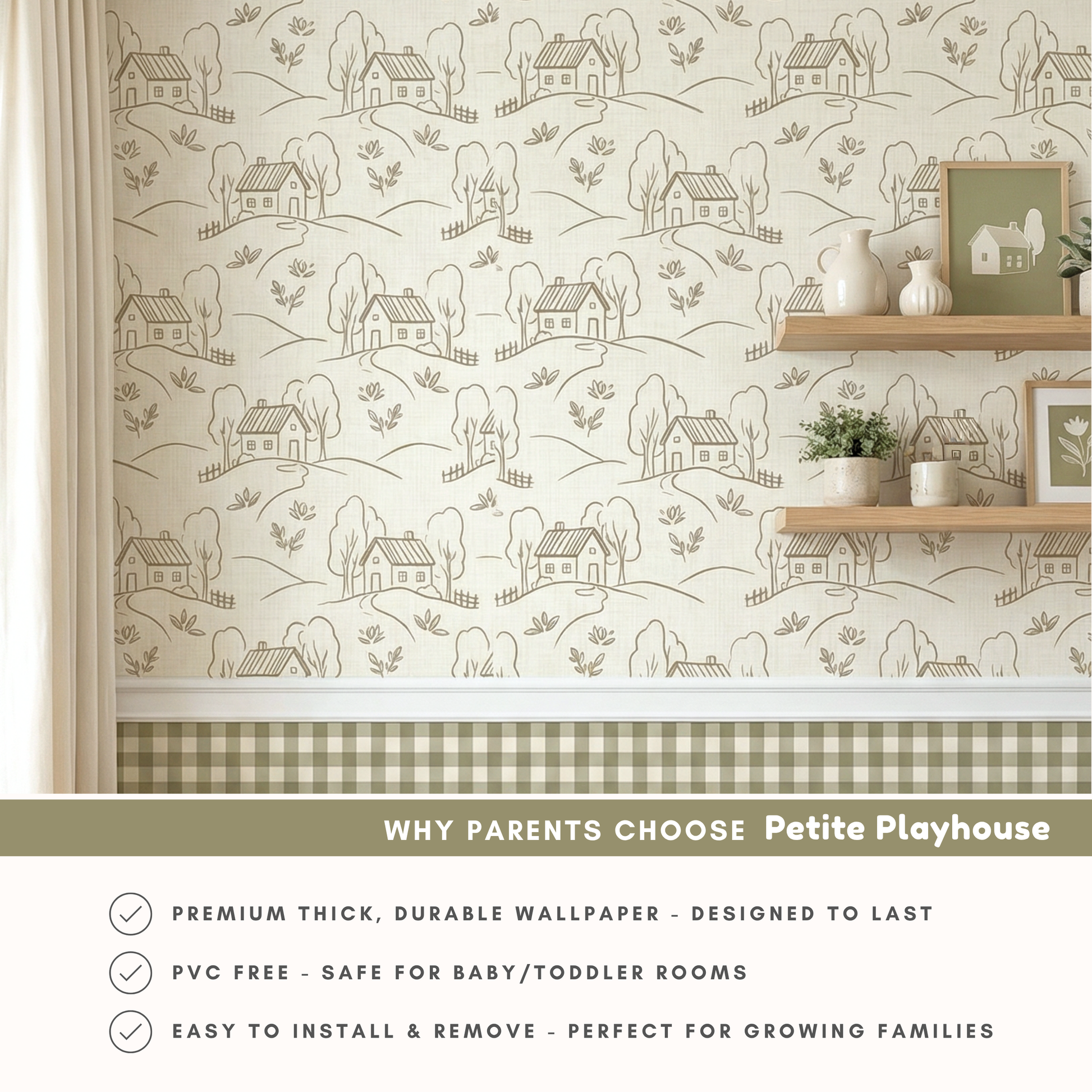 Wallpaper with house and tree pattern, shelves with decor, and text about Petite Playhouse wallpaper.