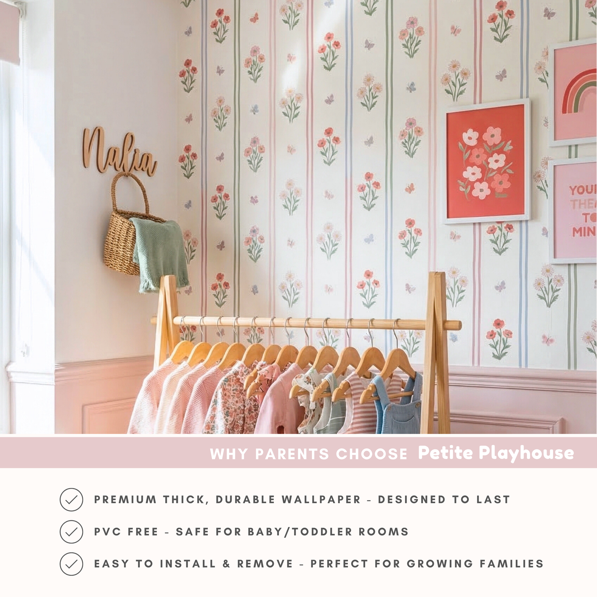 Baby nursery wall with floral stripe wallpaper above wall molding wooden shelf books and scalloped lamp.
