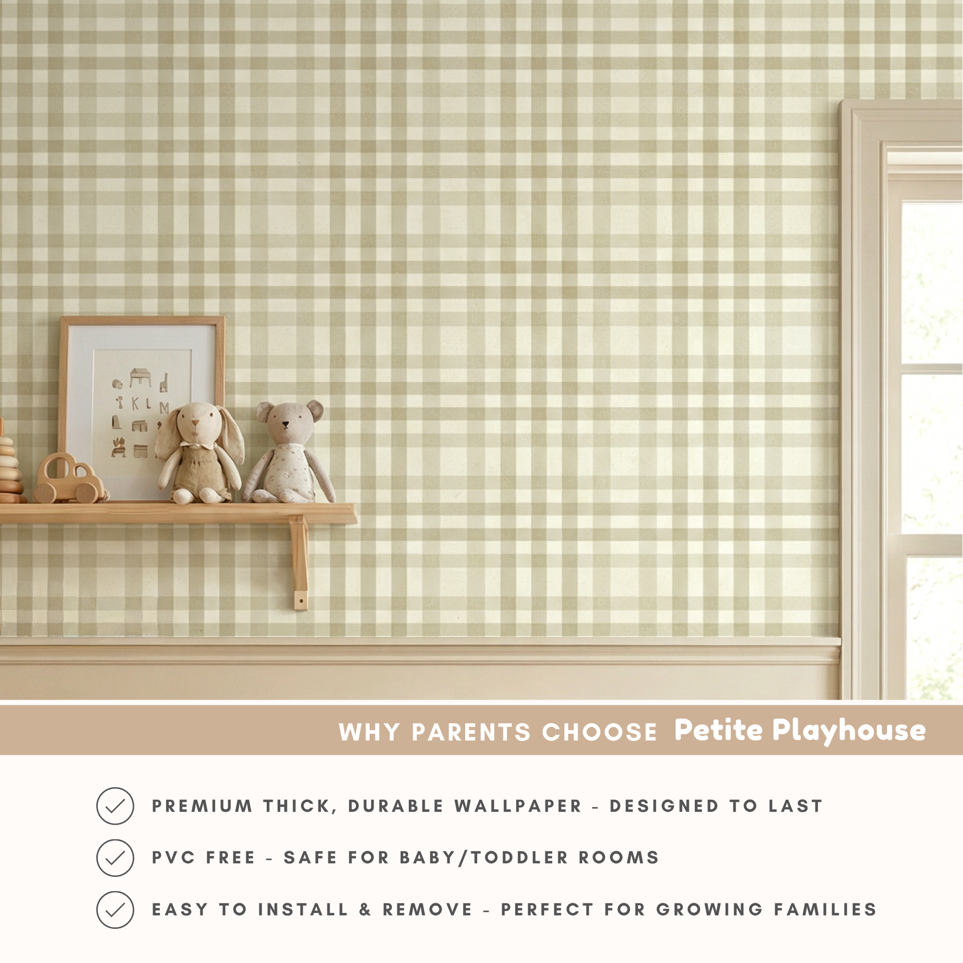 Checkered wallpaper with teddy bears and a shelf in a child-friendly room.