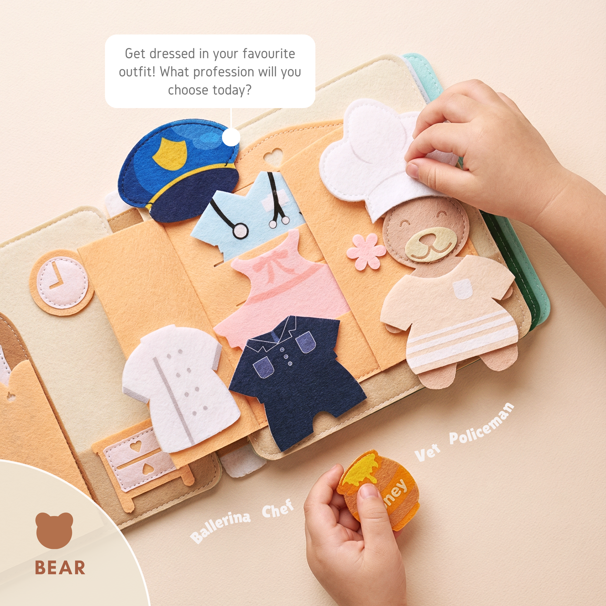 “Bear themed quiet book dress-up page with felt outfits including chef, ballerina, vet and policeman, designed for hands-on learning and fine motor development.”