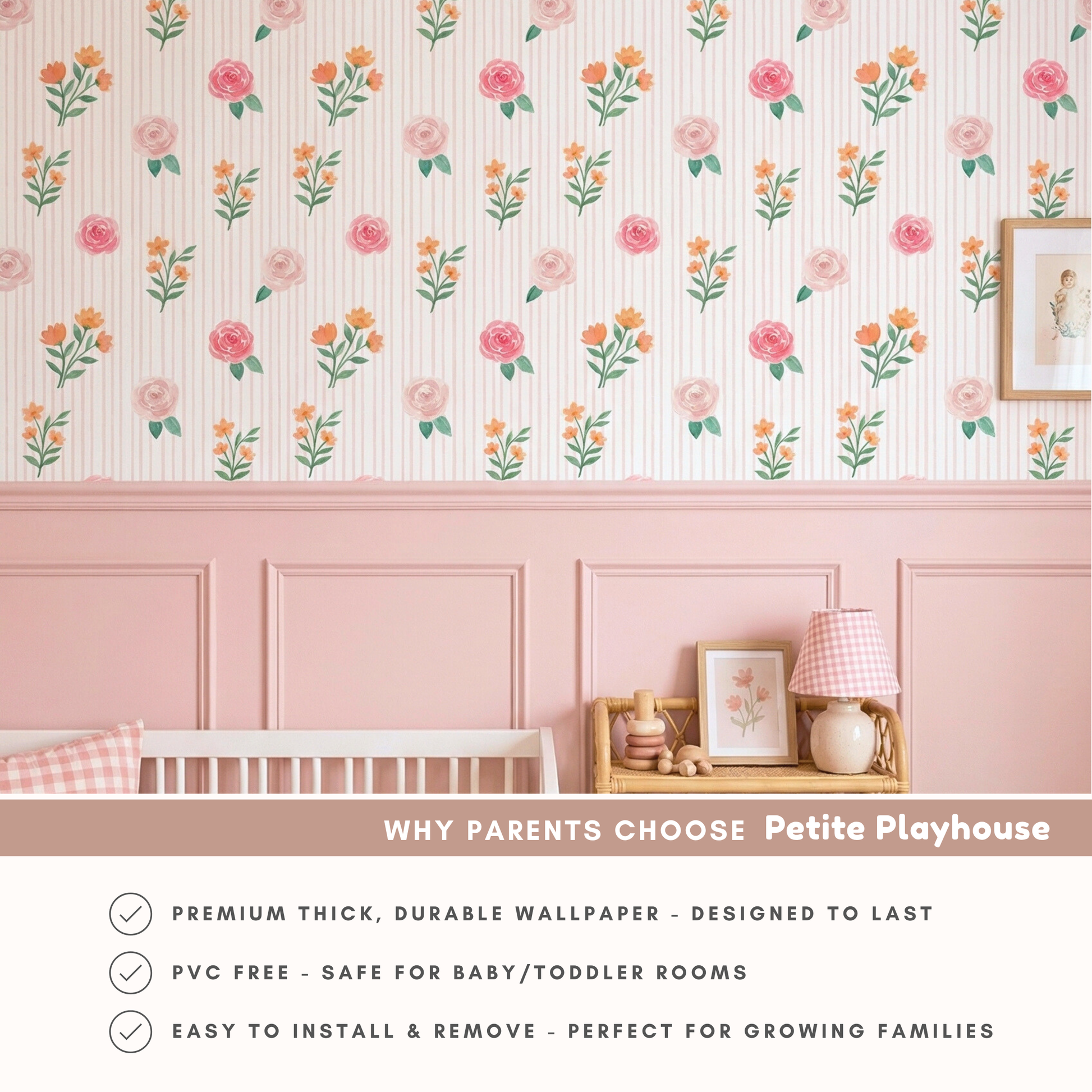 Girls nursery with pink rose floral striped wallpaper styled with crib rattan shelf and soft pastel decor.