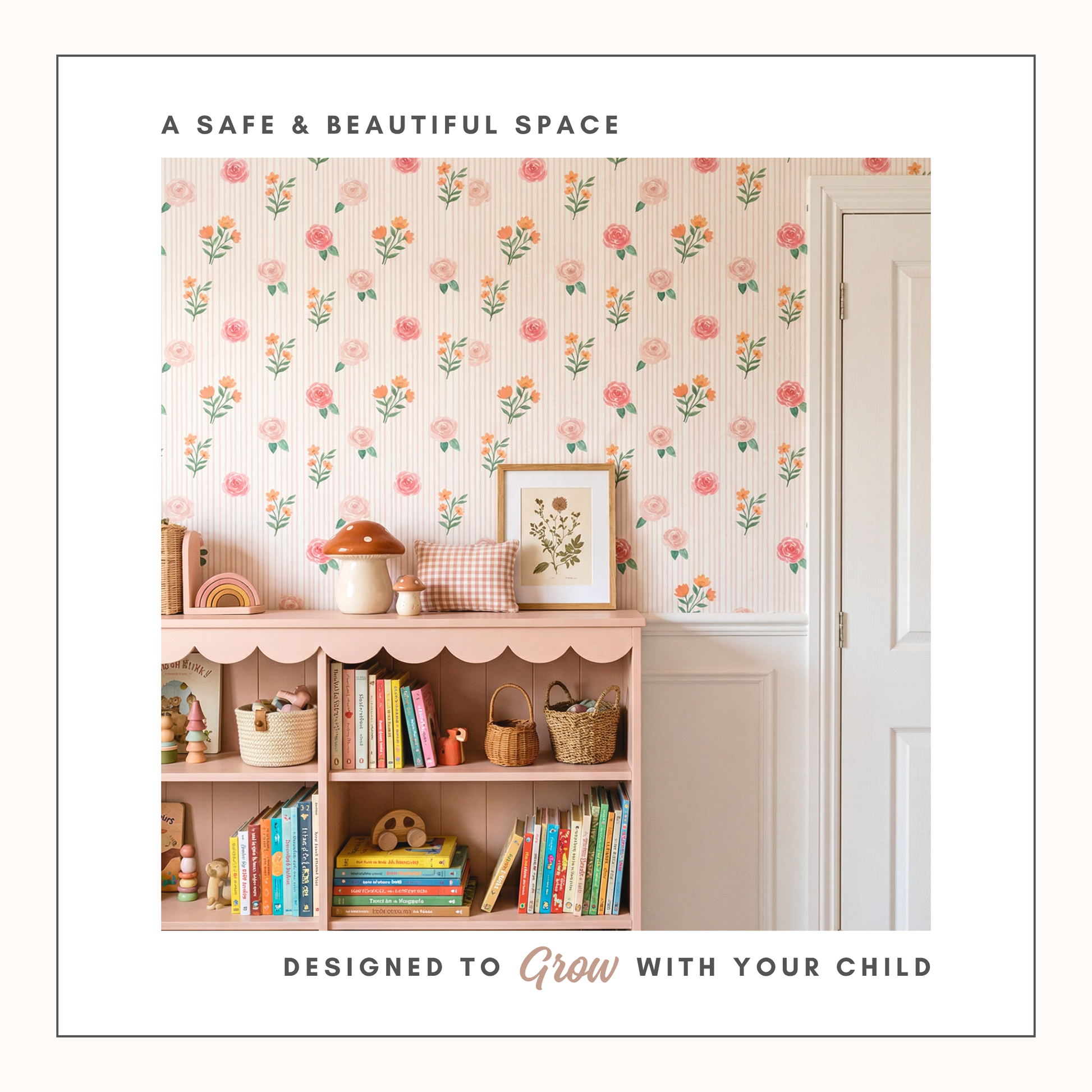 Vintage floral stripe wallpaper styled above children's bookshelf creating a soft botanical nursery wall.