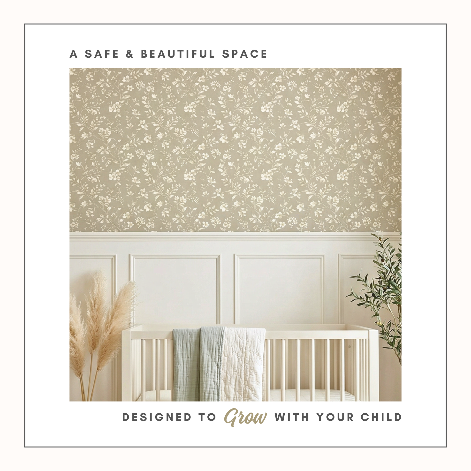 Nursery room with floral wallpaper, crib, and decorative elements.