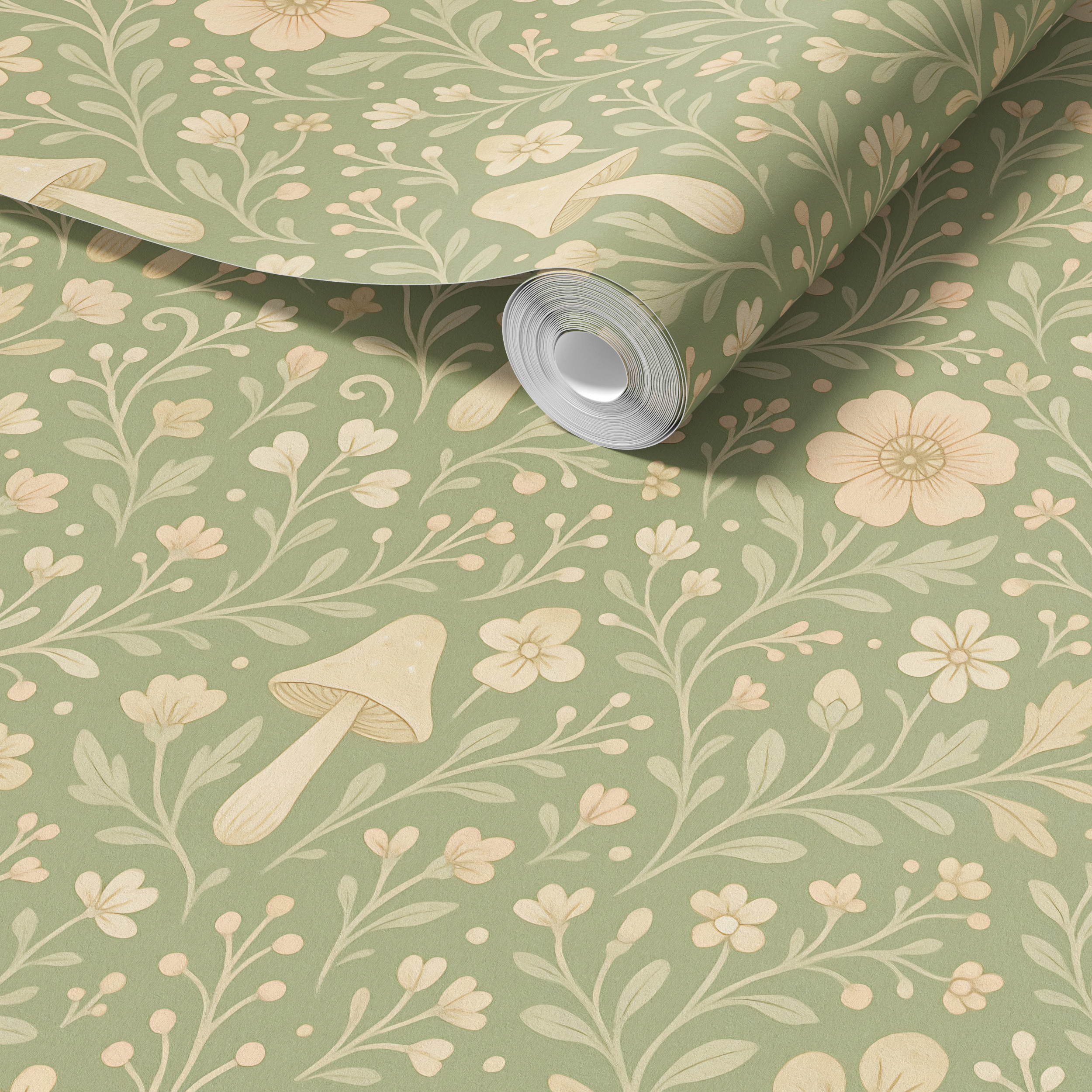 Close up of sage green woodland wallpaper roll with mushrooms and floral pattern, neutral nursery wall design
