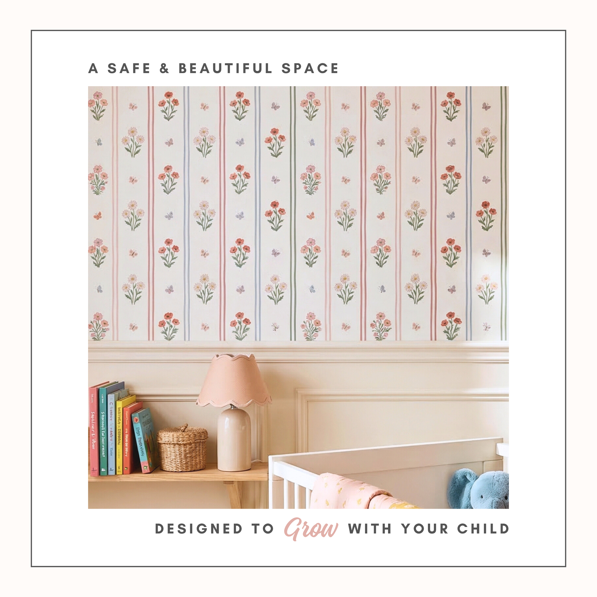 Nursery wall styled with floral stripe wallpaper wooden shelf toys books and warm sunlight.