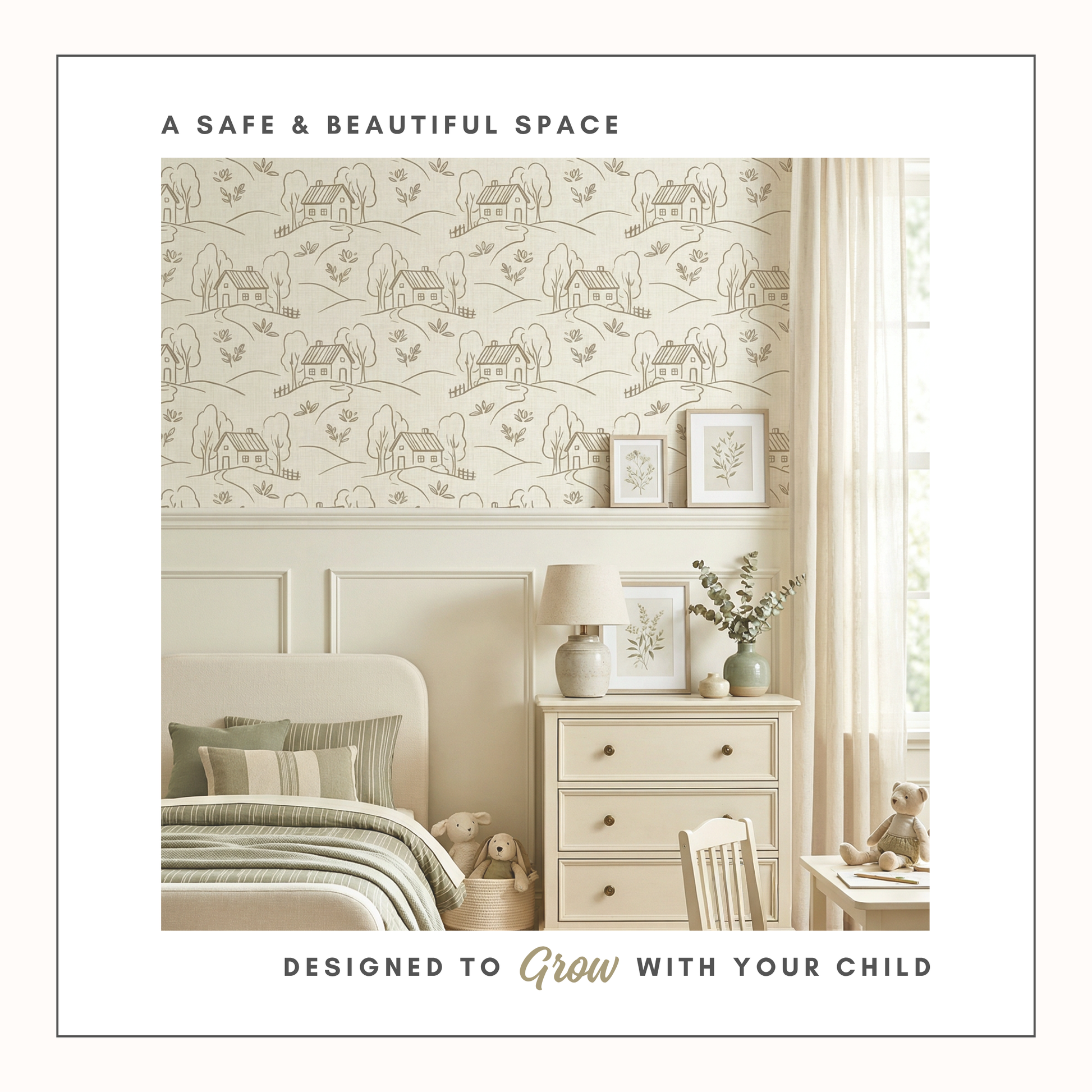 Children's bedroom with patterned wallpaper, bed, and furniture.