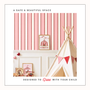 Red striped wallpaper in kids room with teepee and circus decor, playful nursery wallpaper design