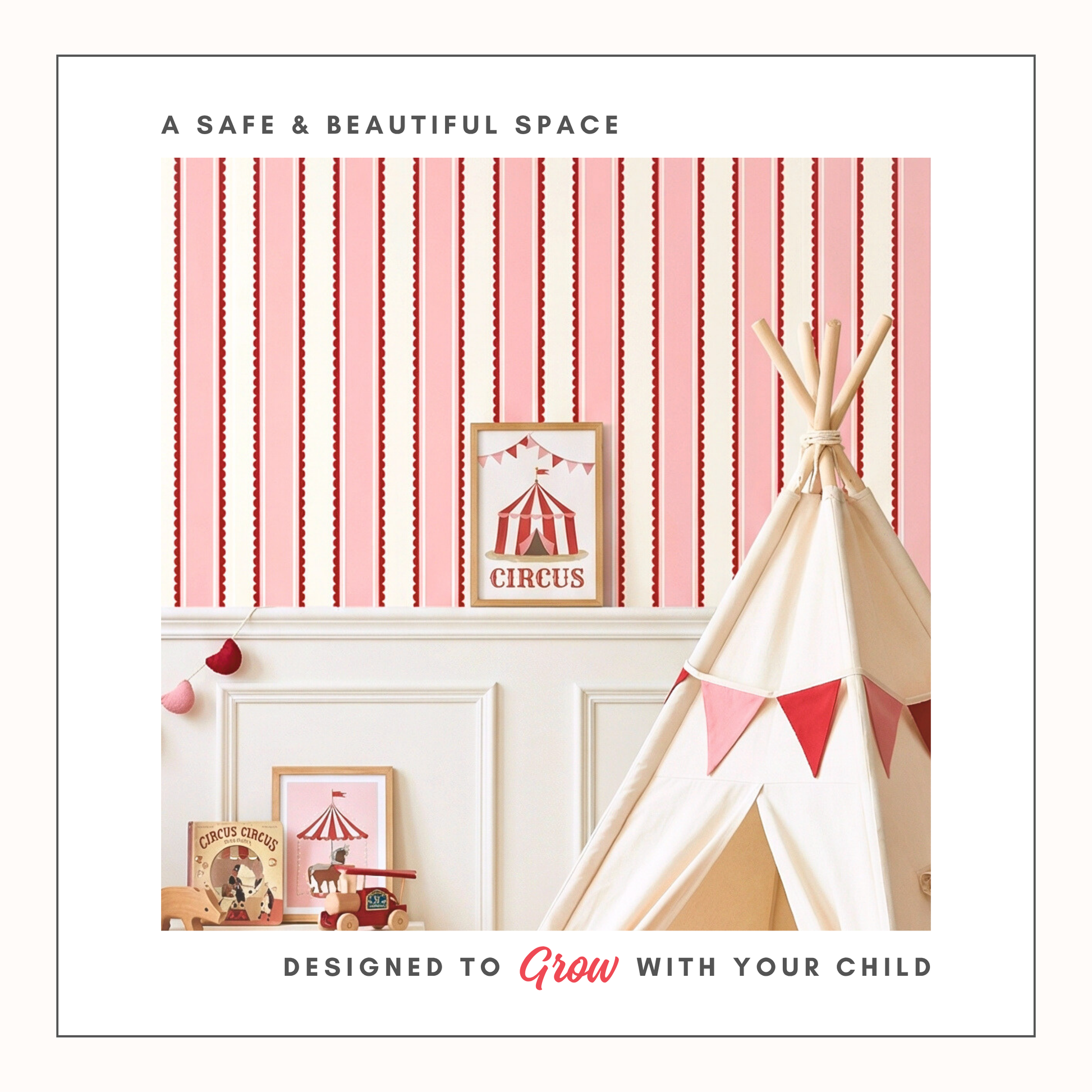 Red striped wallpaper in kids room with teepee and circus decor, playful nursery wallpaper design