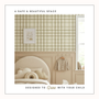 Children's room with plaid wallpaper, bed, and clothing, with text about a safe and beautiful space.