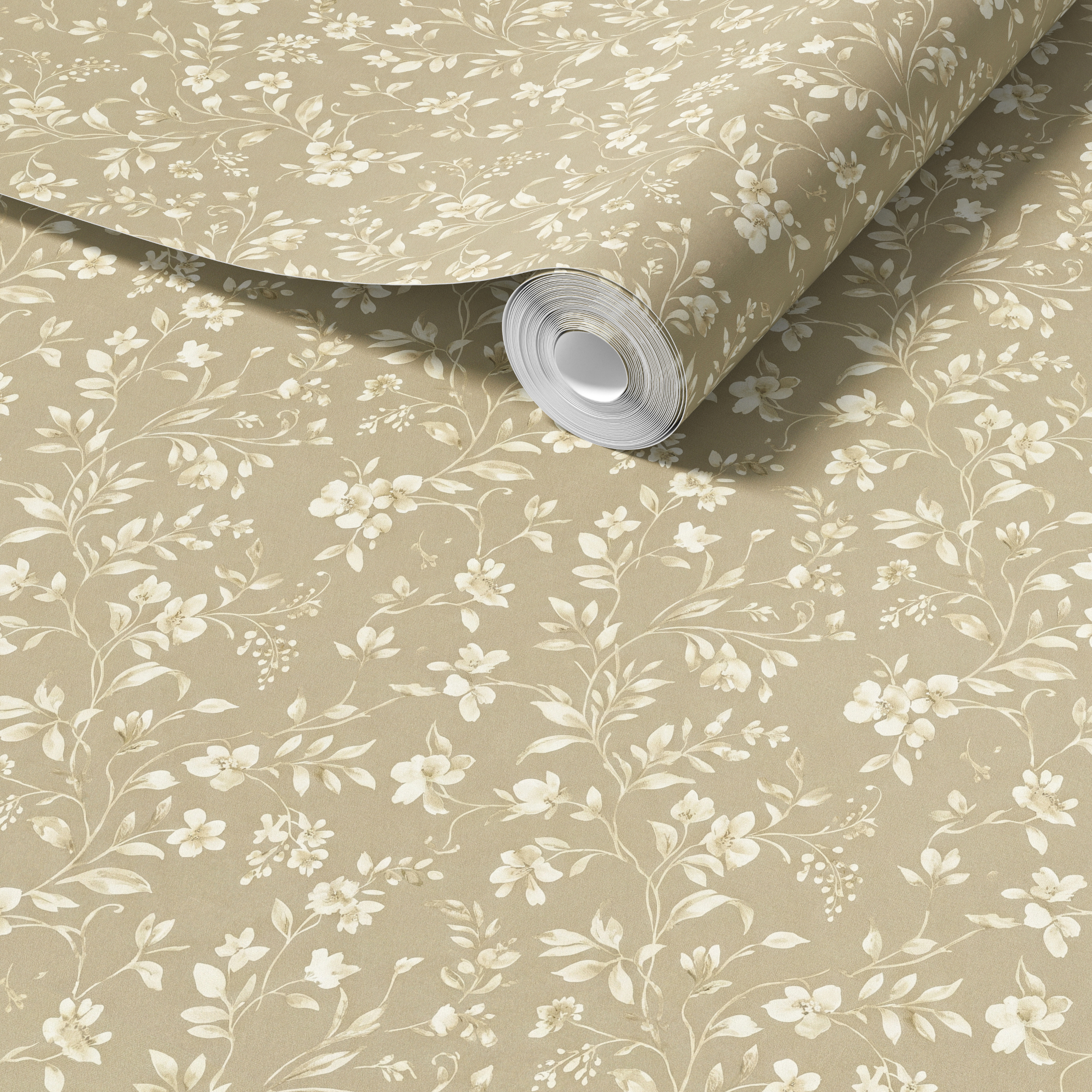 Roll of floral wallpaper with a beige background
