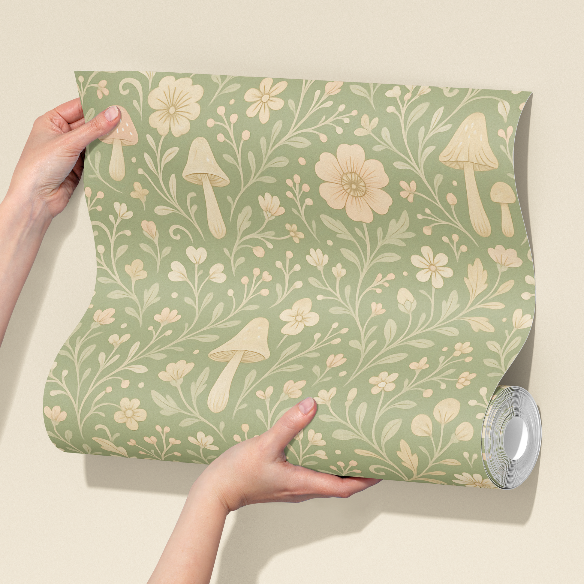 Sage green floral mushroom wallpaper sample held in hands, woodland nursery wallpaper with botanical pattern