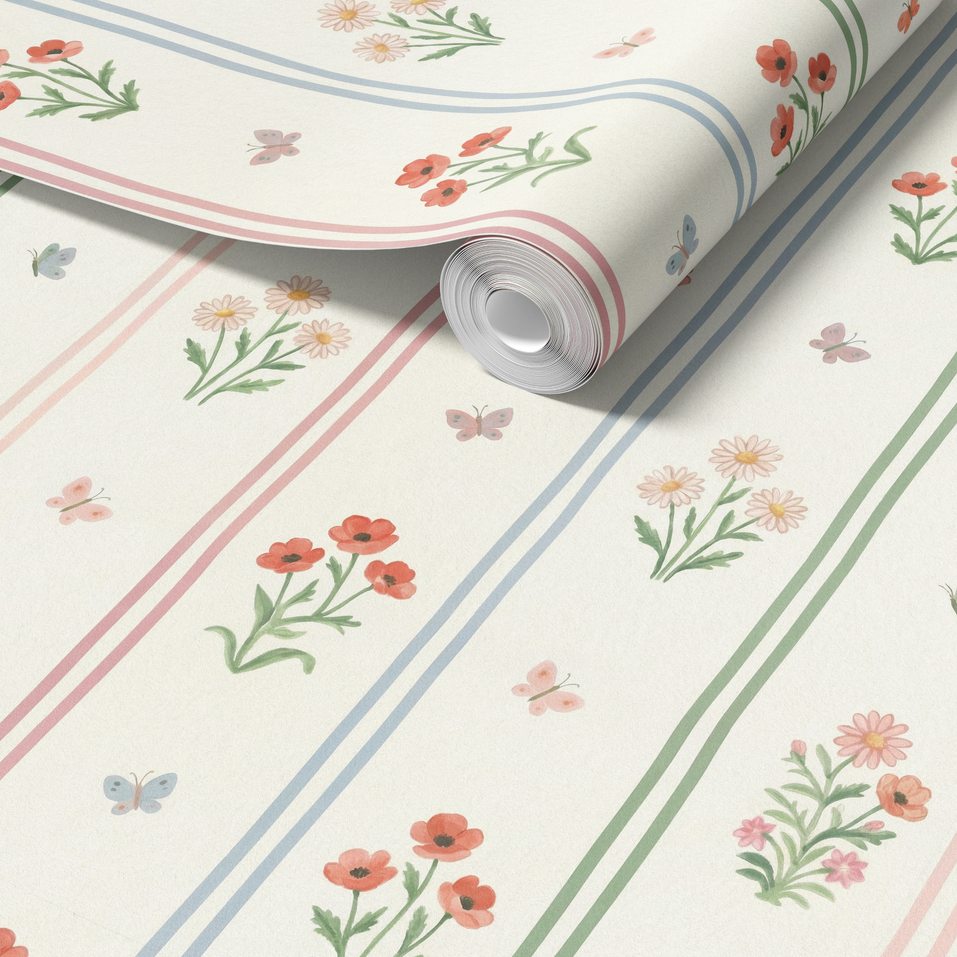 Close up of pastel floral stripe wallpaper roll showing delicate flowers butterflies and soft colored stripes.