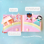 “Princess quiet book rainbow page featuring a felt unicorn, treasure chest and two princess characters, encouraging imaginative play and storytelling for young children.”