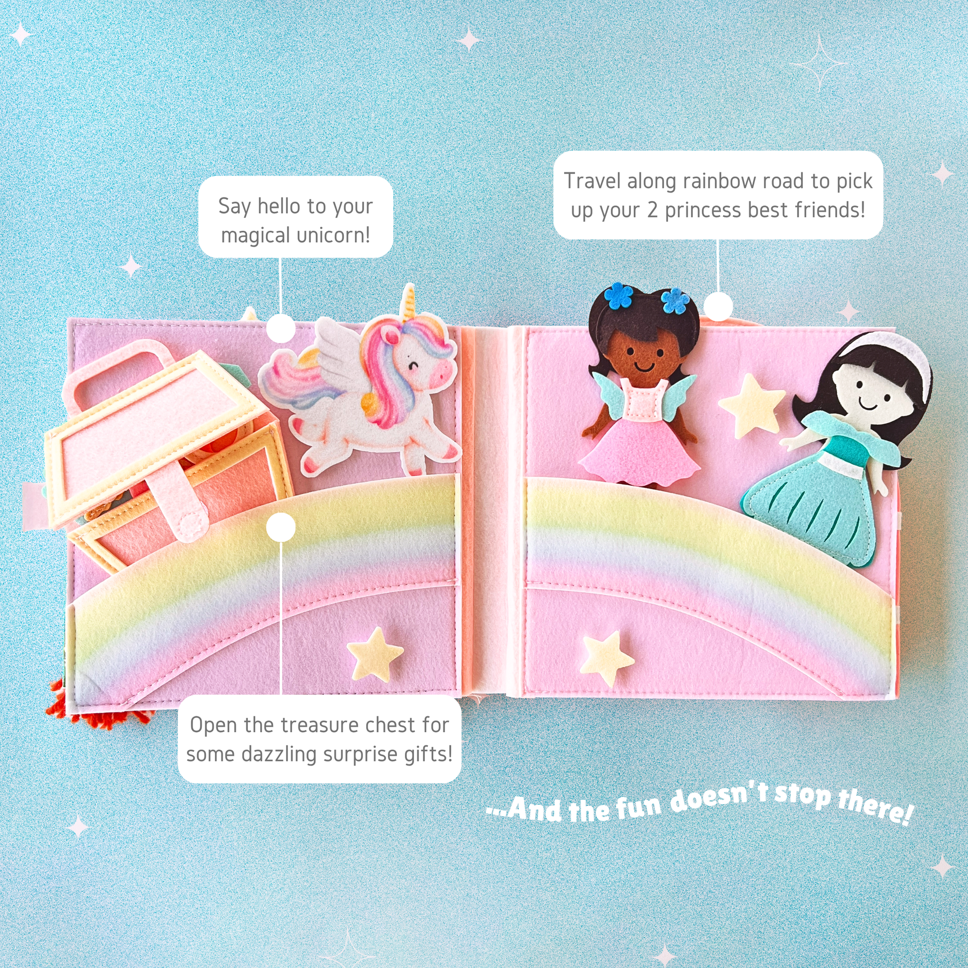 “Princess quiet book rainbow page featuring a felt unicorn, treasure chest and two princess characters, encouraging imaginative play and storytelling for young children.”