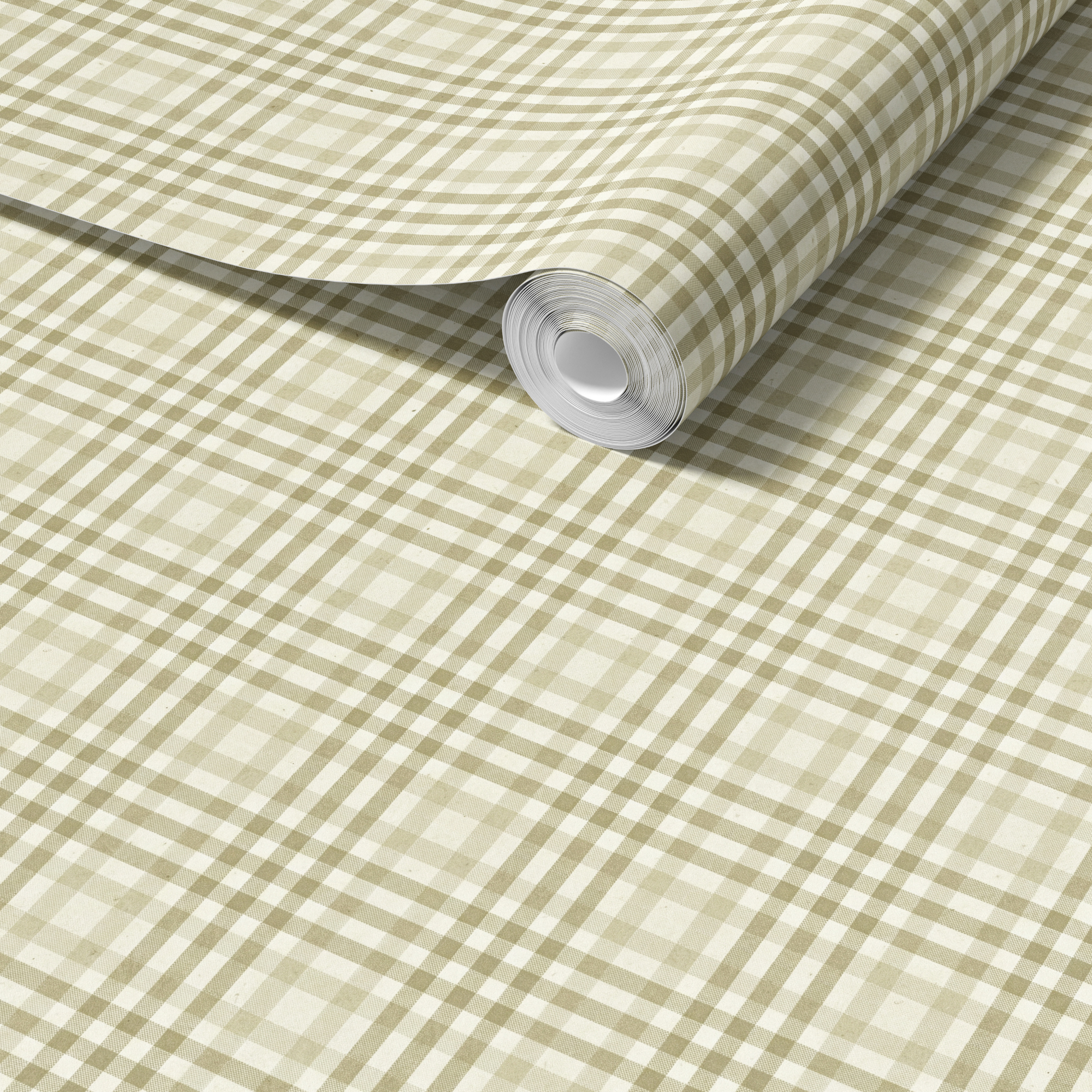 Roll of plaid patterned paper with green and white lines