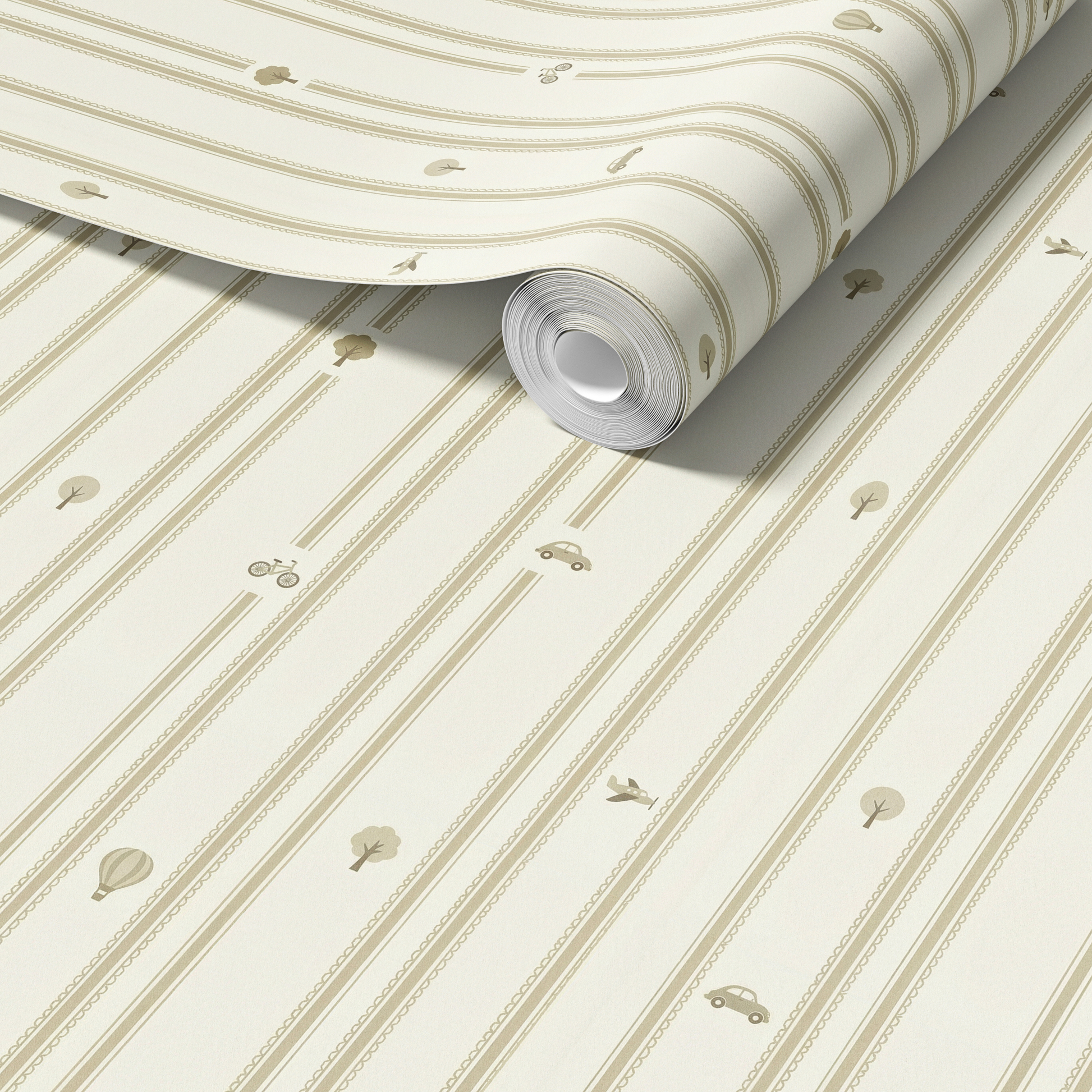 “Rolled wallpaper showing cream and sage vertical stripe pattern with small vehicle and nature icons printed throughout.”