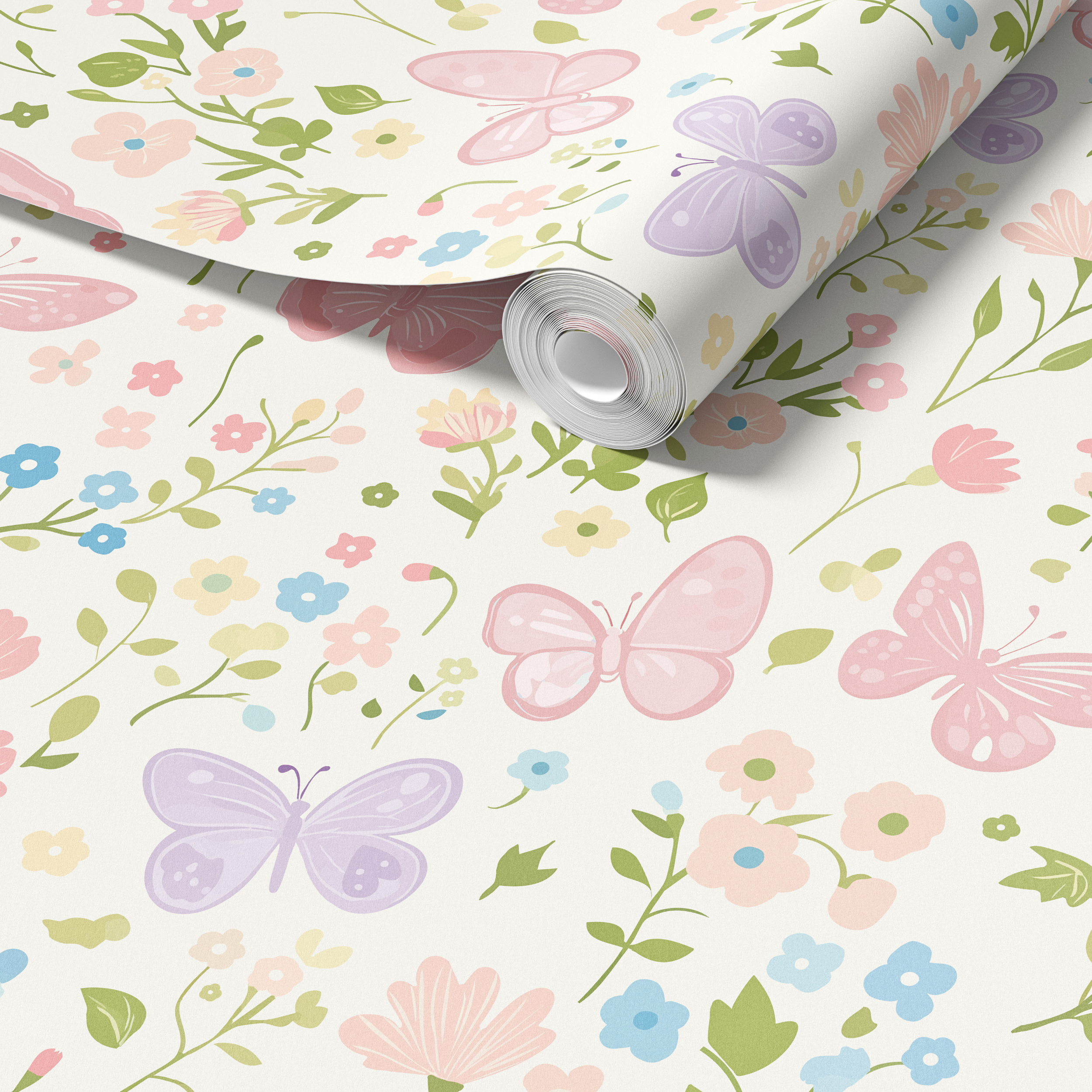 Close up of butterfly floral wallpaper roll with pastel flowers and butterflies, soft pink purple nursery wallpaper pattern