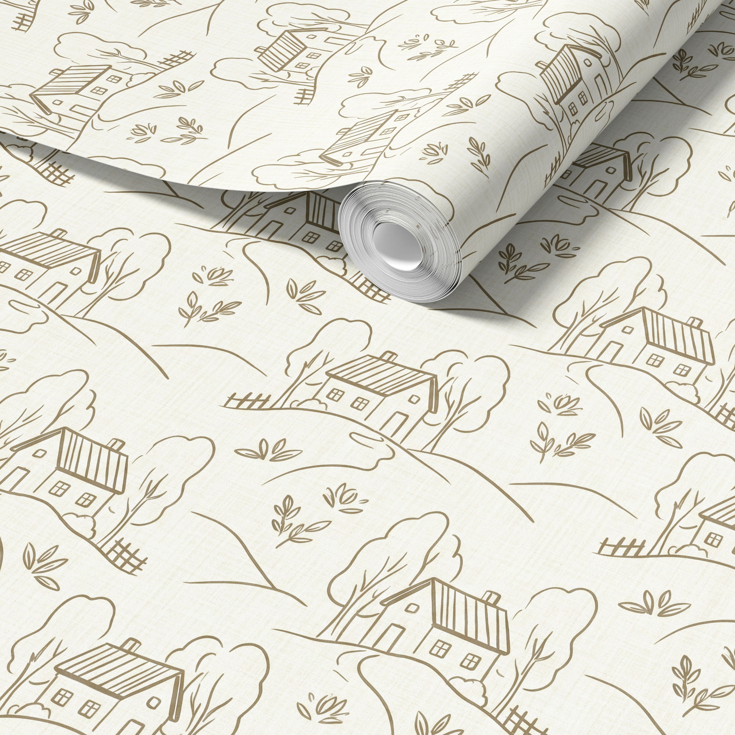 Roll of wallpaper with a pattern of houses and trees on a white background