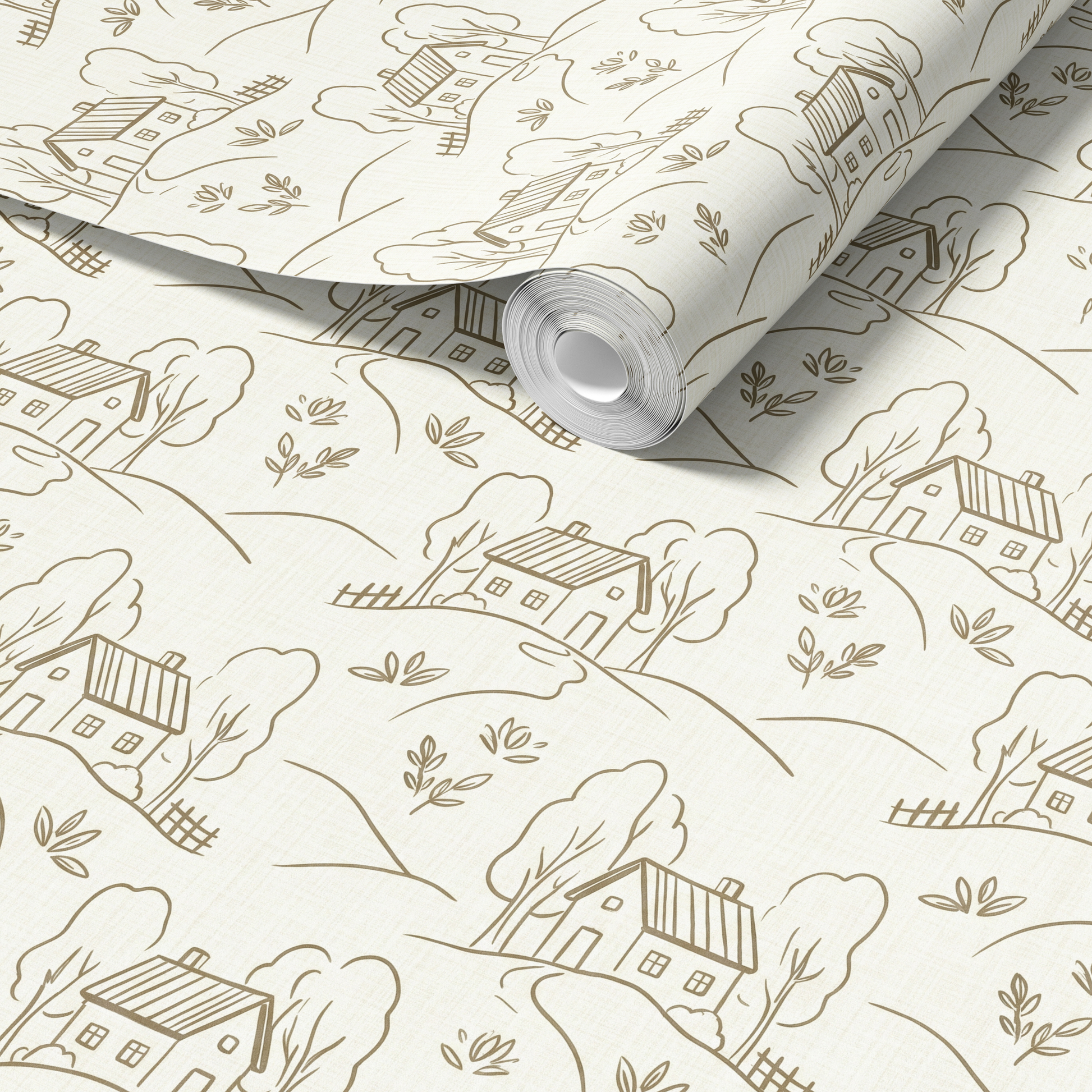 Roll of wallpaper with a pattern of houses and trees on a white background