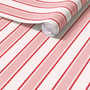 Scalloped stripe wallpaper behind kids play kitchen and chair, red pink striped nursery wall design
