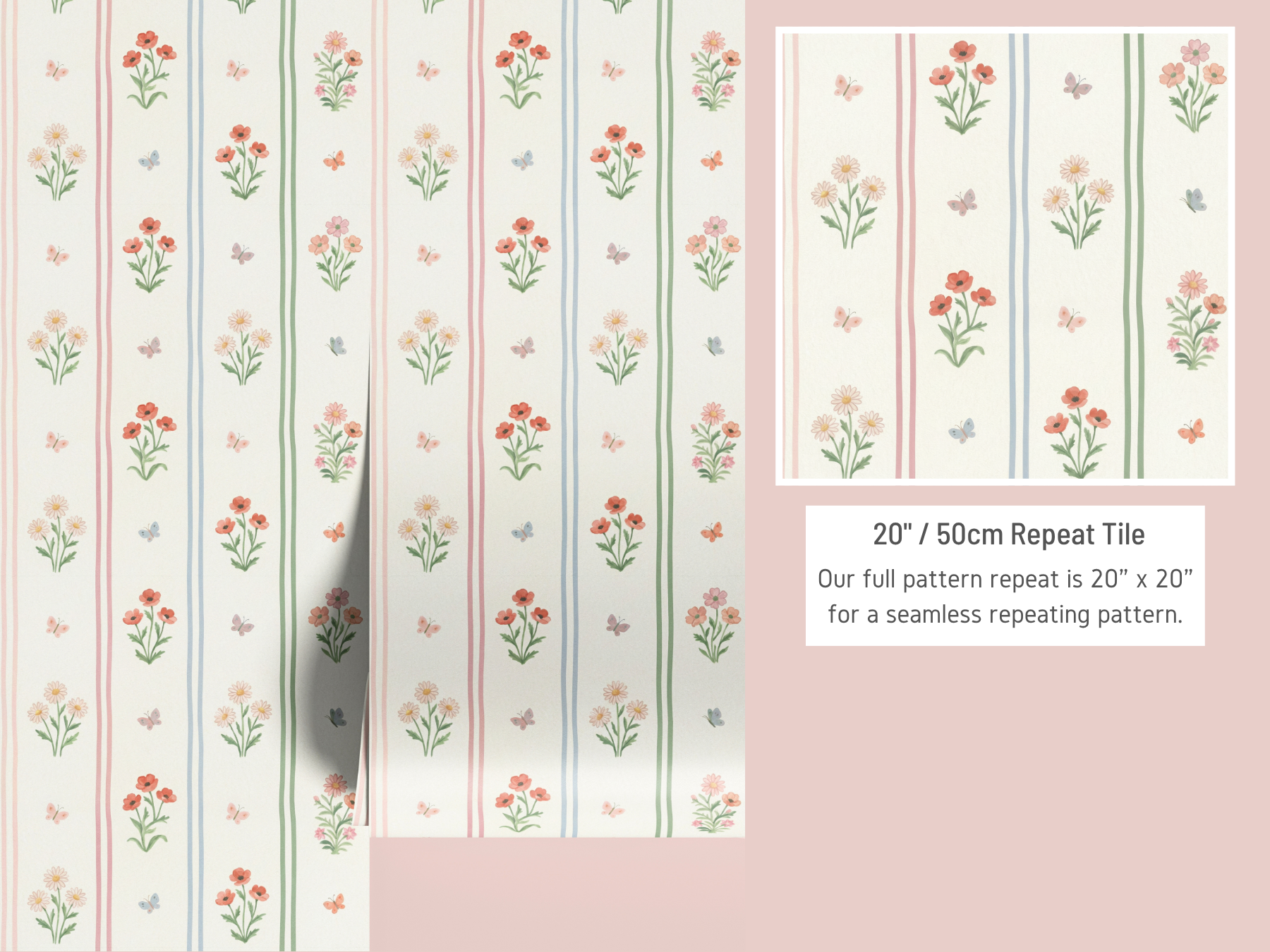 “Wallpaper sizing guide showing how to measure wall width and height and calculate the number of 20 inch wide panels needed.”