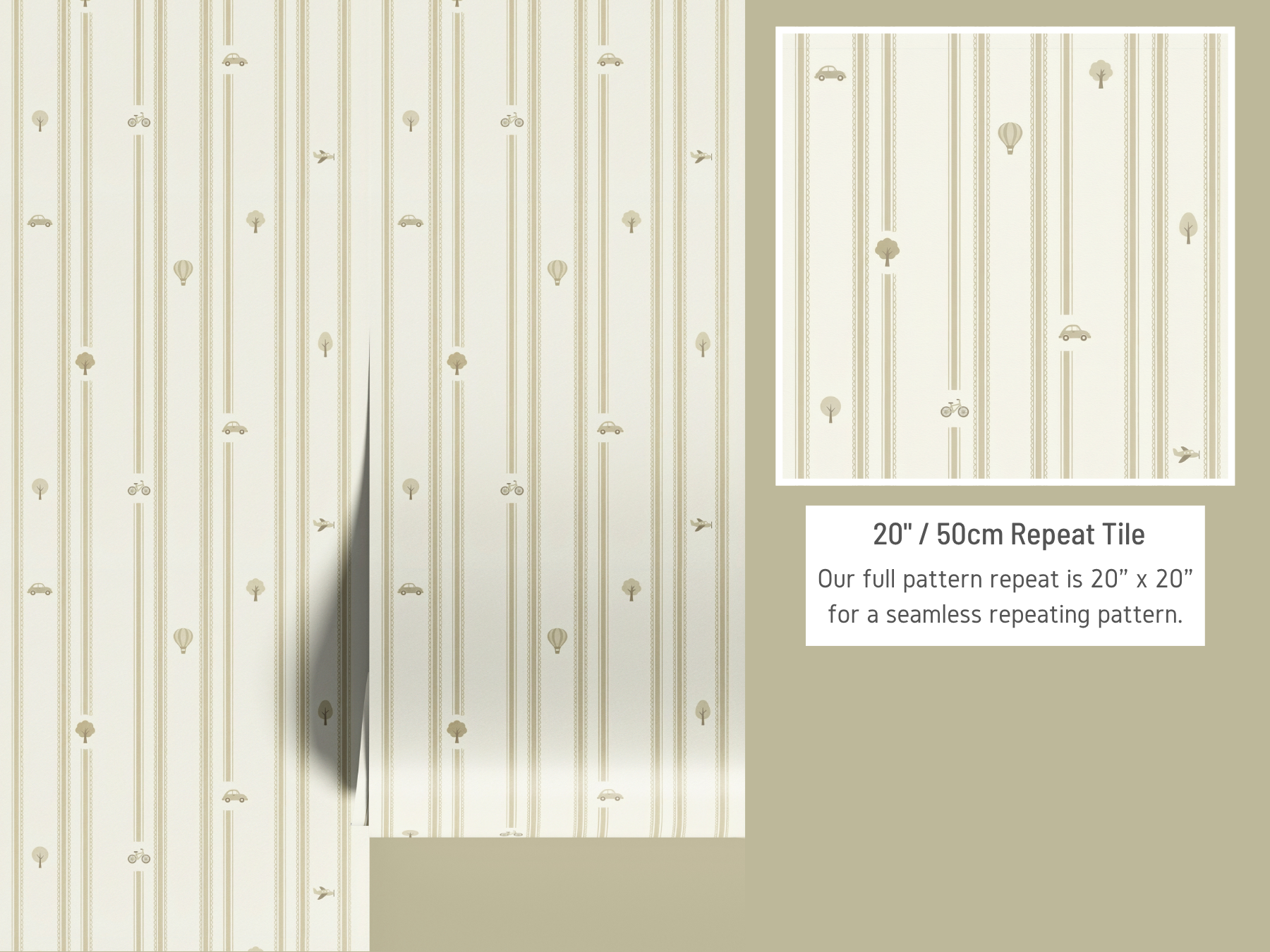 “Wallpaper sizing guide showing how to measure wall width and height and calculate the number of 20 inch wide panels needed.”