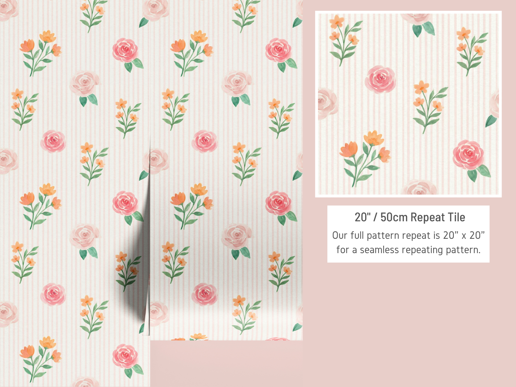 Floral patterned paper with a 20x20cm repeat tile on a pink background