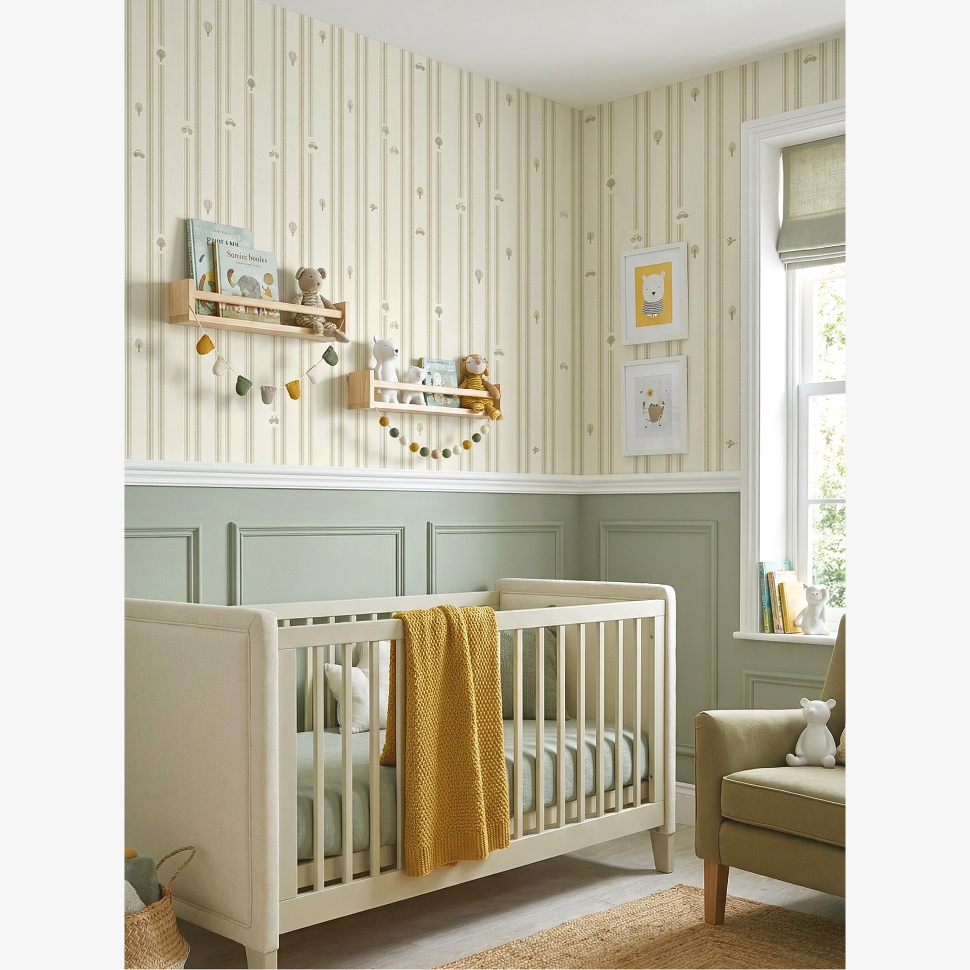 “Nursery room with cream striped wallpaper featuring small cars and balloons, white crib, sage green armchair, and soft textured accessories.”