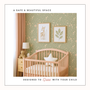 Woodland nursery wallpaper with mushroom and floral pattern, soft sage green baby room decor with crib styling