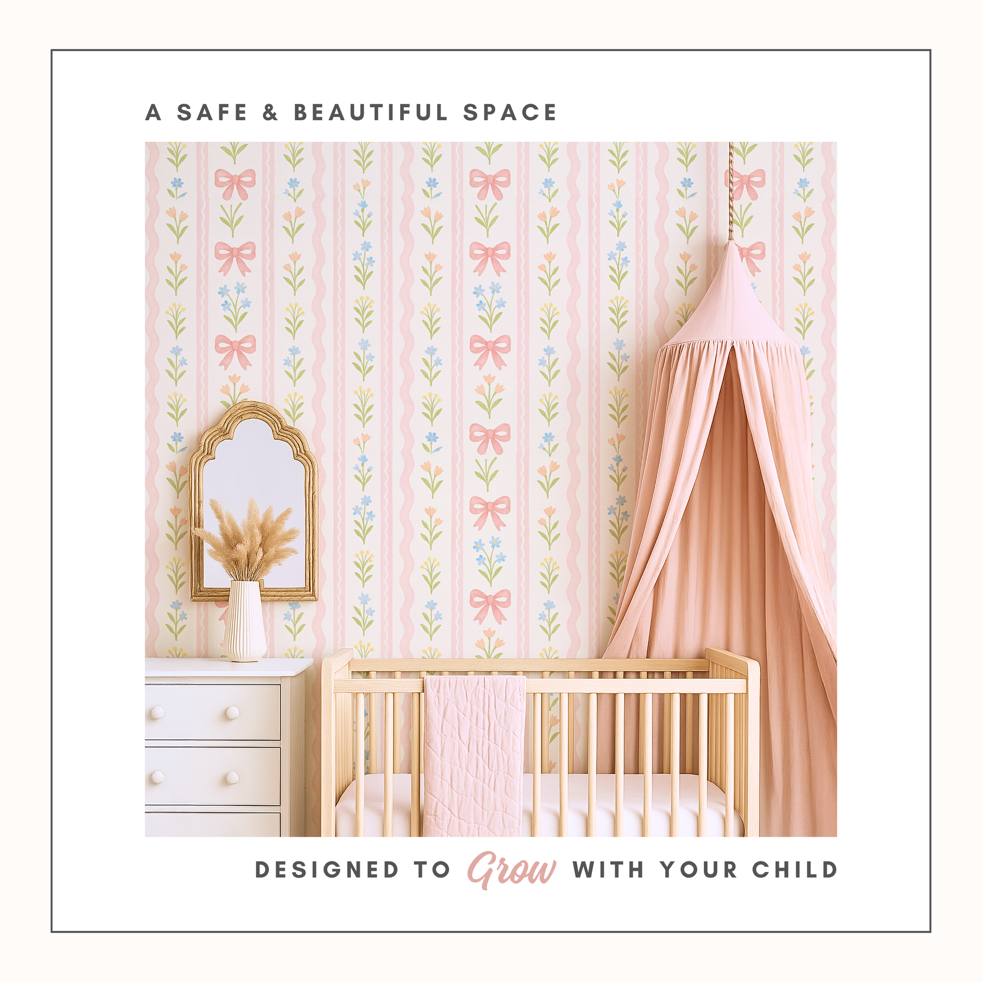 Soft pink nursery with bow stripe wallpaper, wooden crib and blush canopy, elegant pastel baby girl bedroom decor