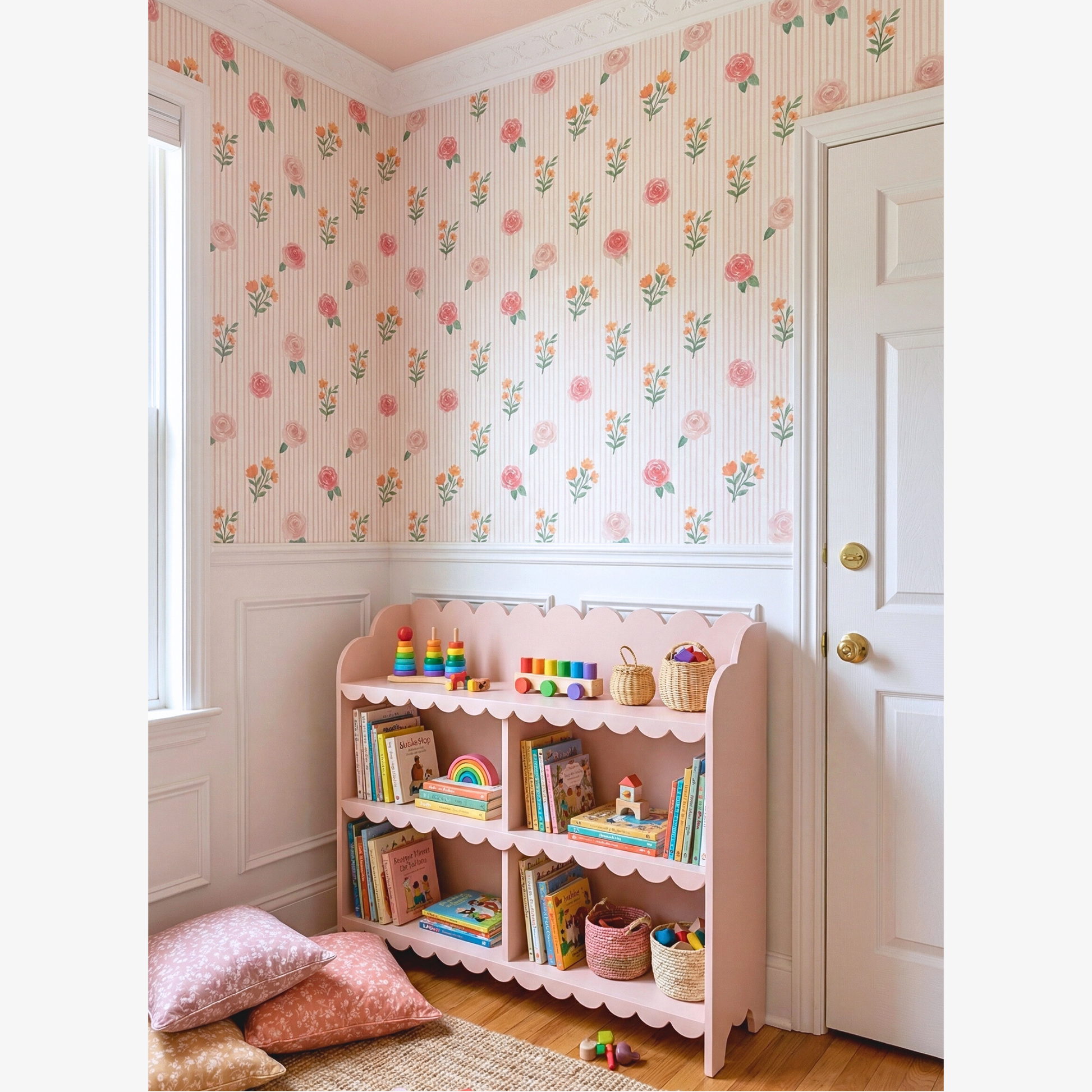Cottagecore girls playroom with pink floral stripe wallpaper and scalloped bookshelf filled with children's books.