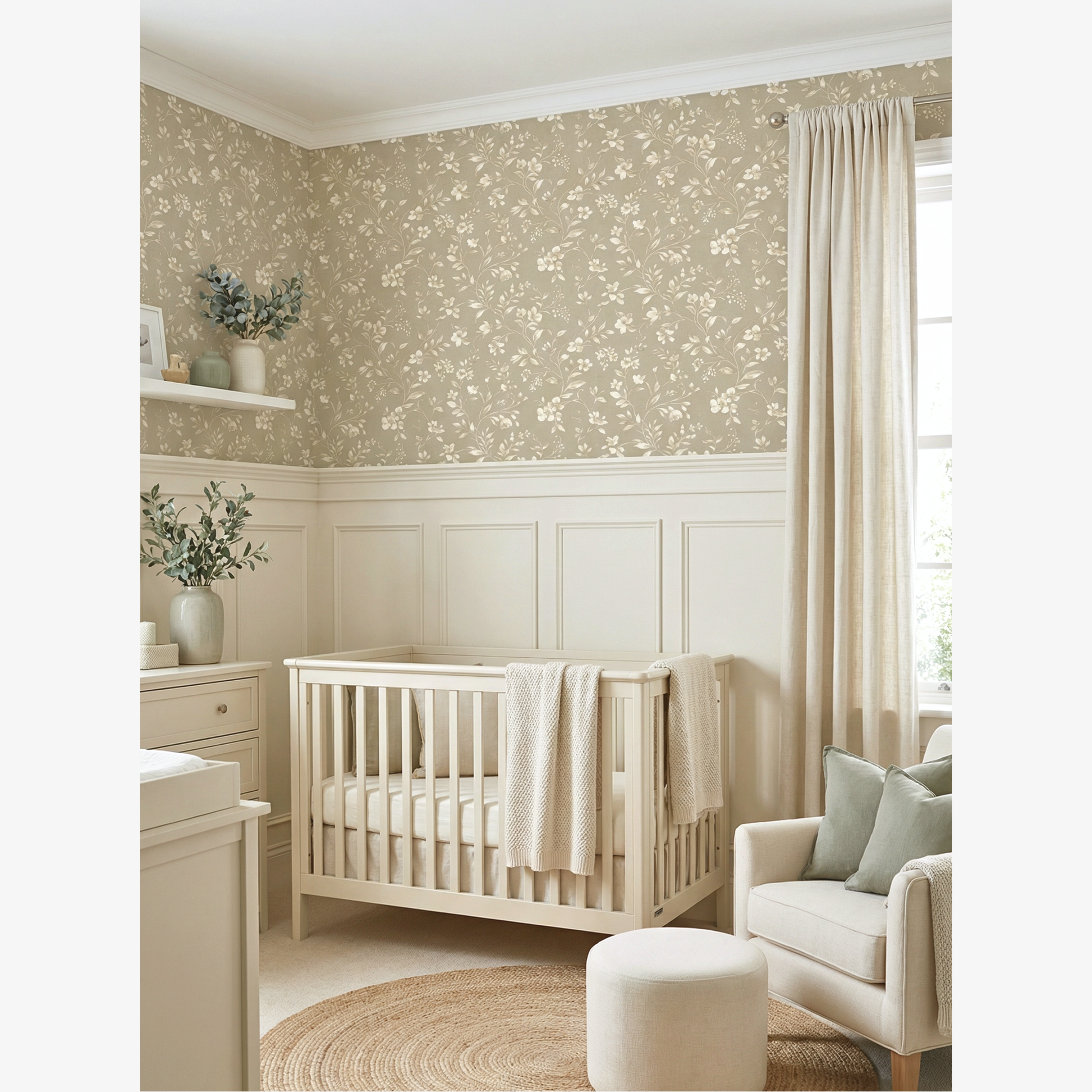 Nursery room with a crib, chair, and decorative elements.