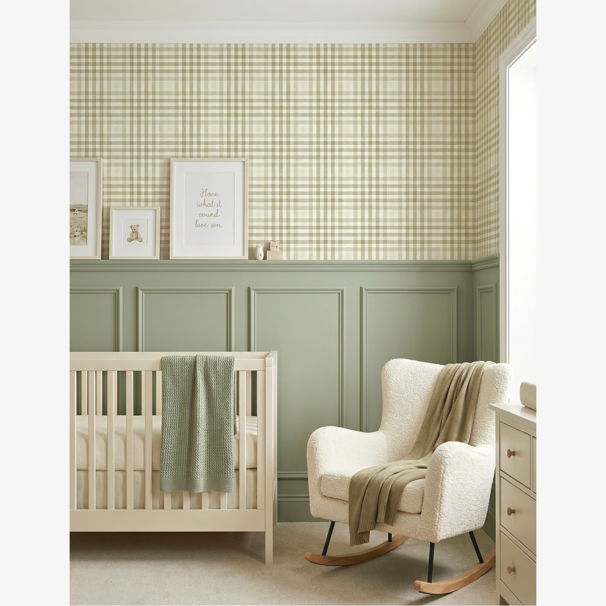 Nursery room with a crib, rocking chair, and decorative wall.